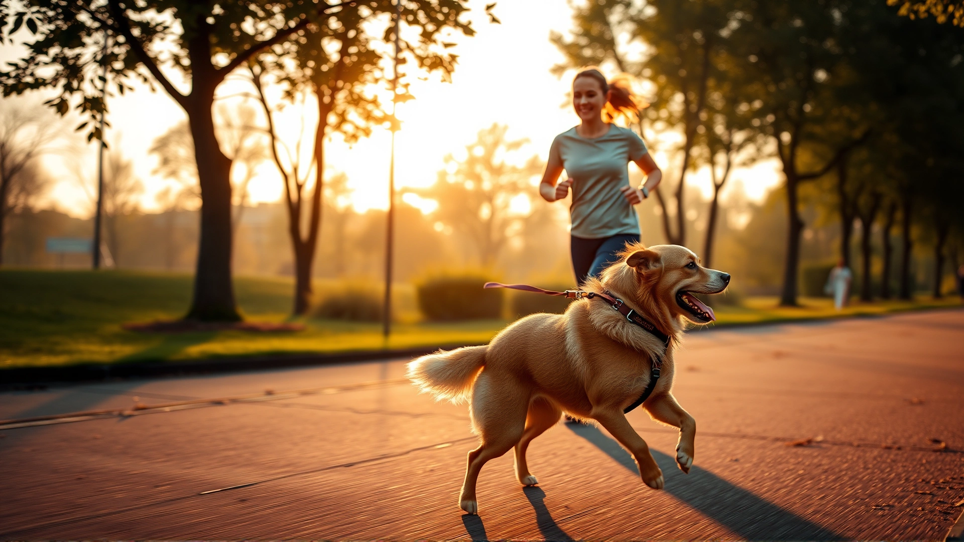 Action shot of a dog and its owner jogging together in a park, early morning light