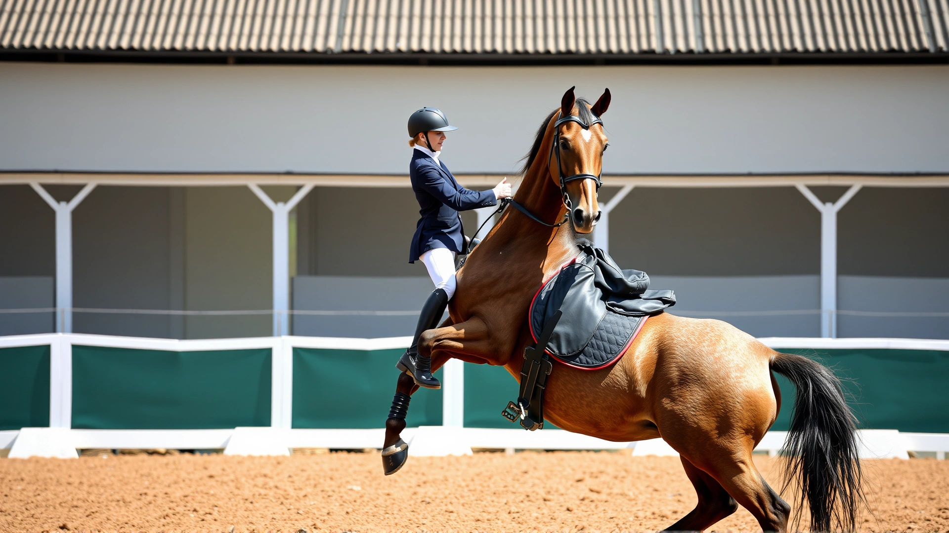 Trainer performing classical dressage piaffe with an Andalusian horse in an outdoor arena
