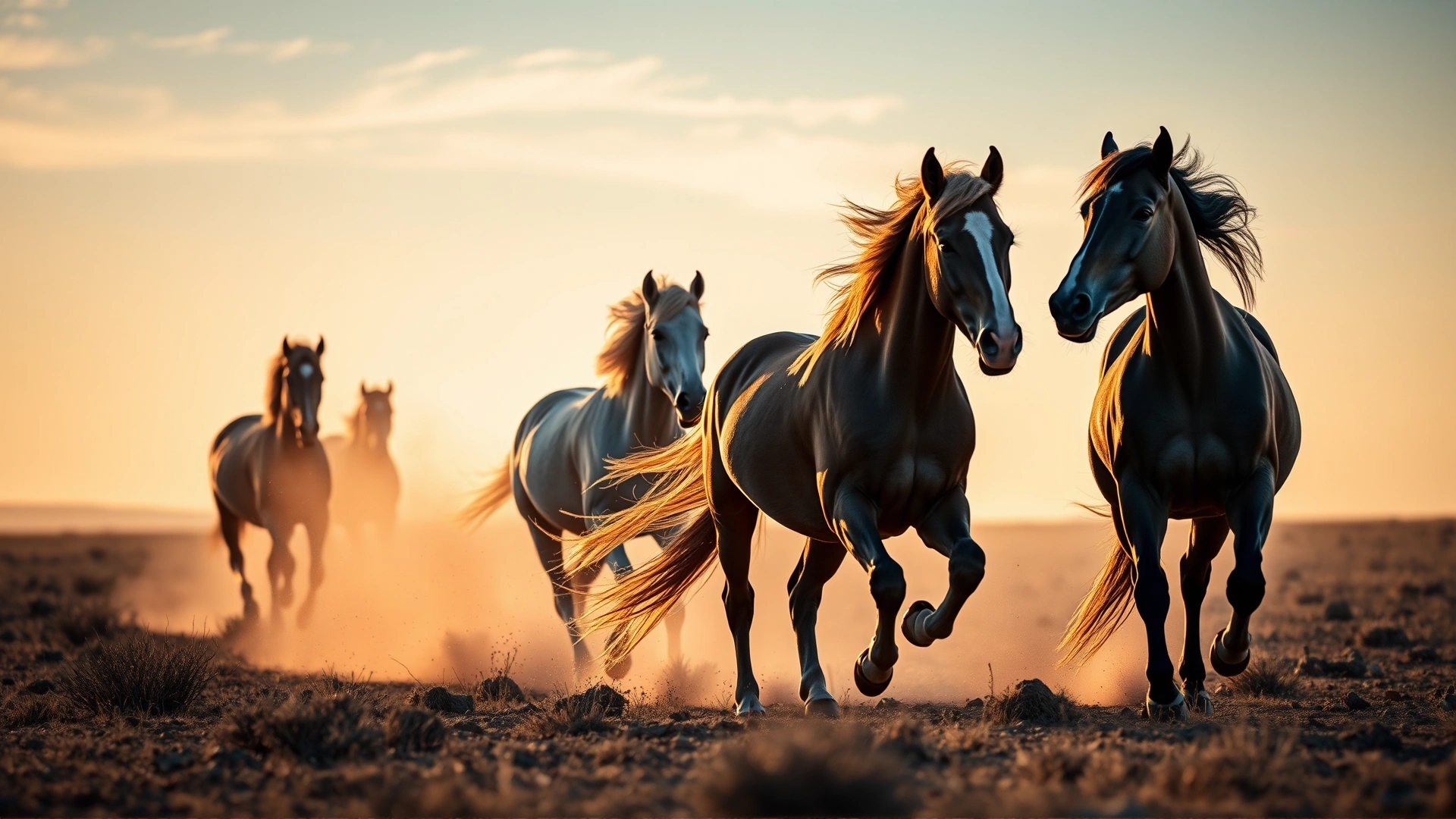 Group of Karabakh horses cantering freely across open steppe, dust particles visible in sunset light.