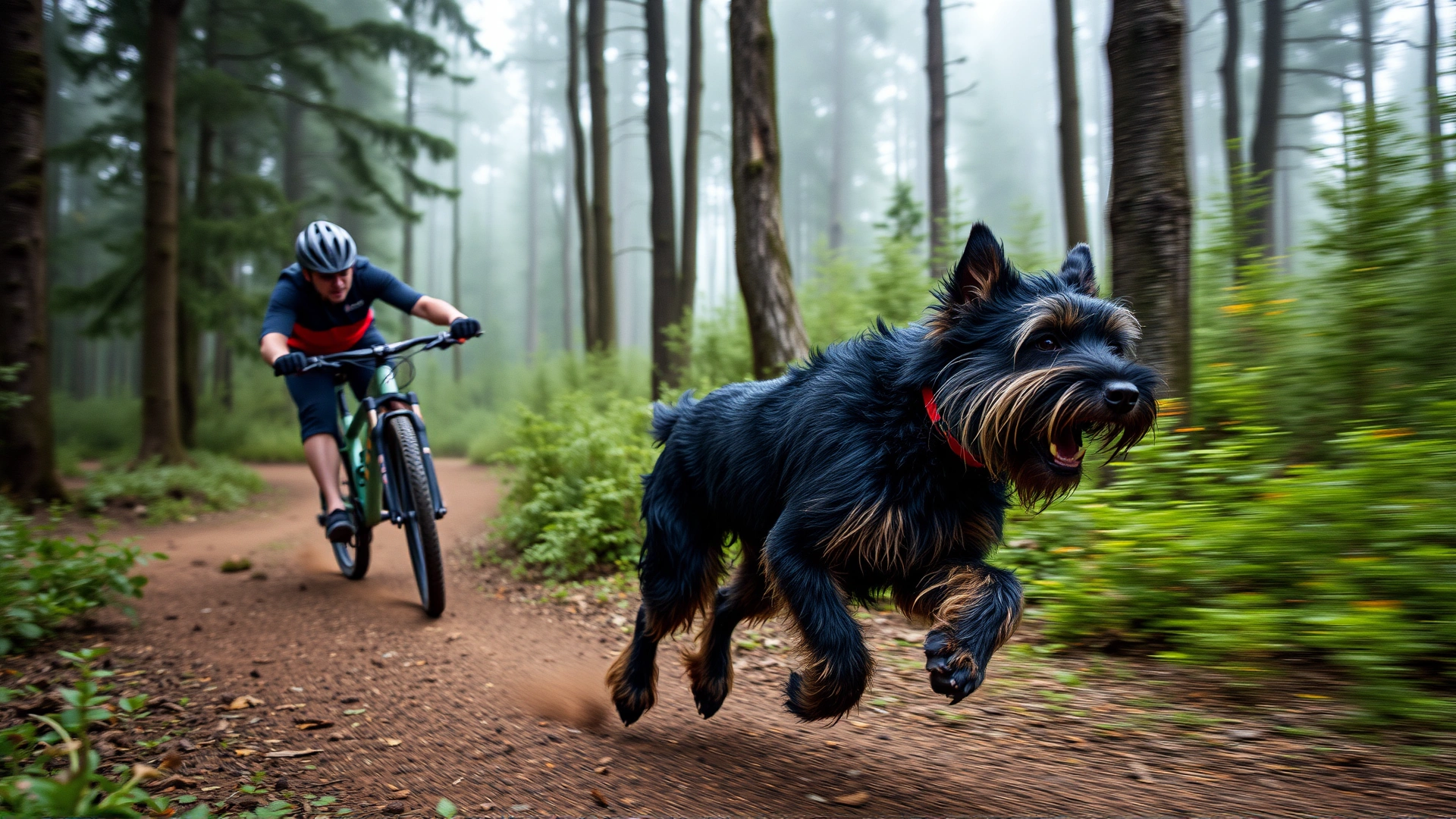 Action shot of a fit Bouvier des Flandres running beside a mountain bike on a forest trail, illustrating the breed’s need for vigorous exercise.