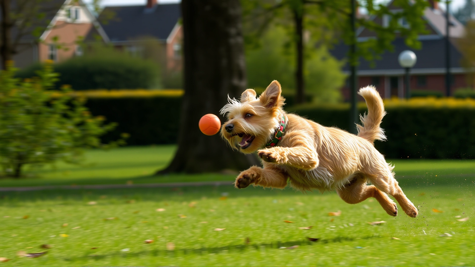 Dynamic action shot of a Glen of Imaal Terrier chasing a rubber ball mid-air in a suburban park
