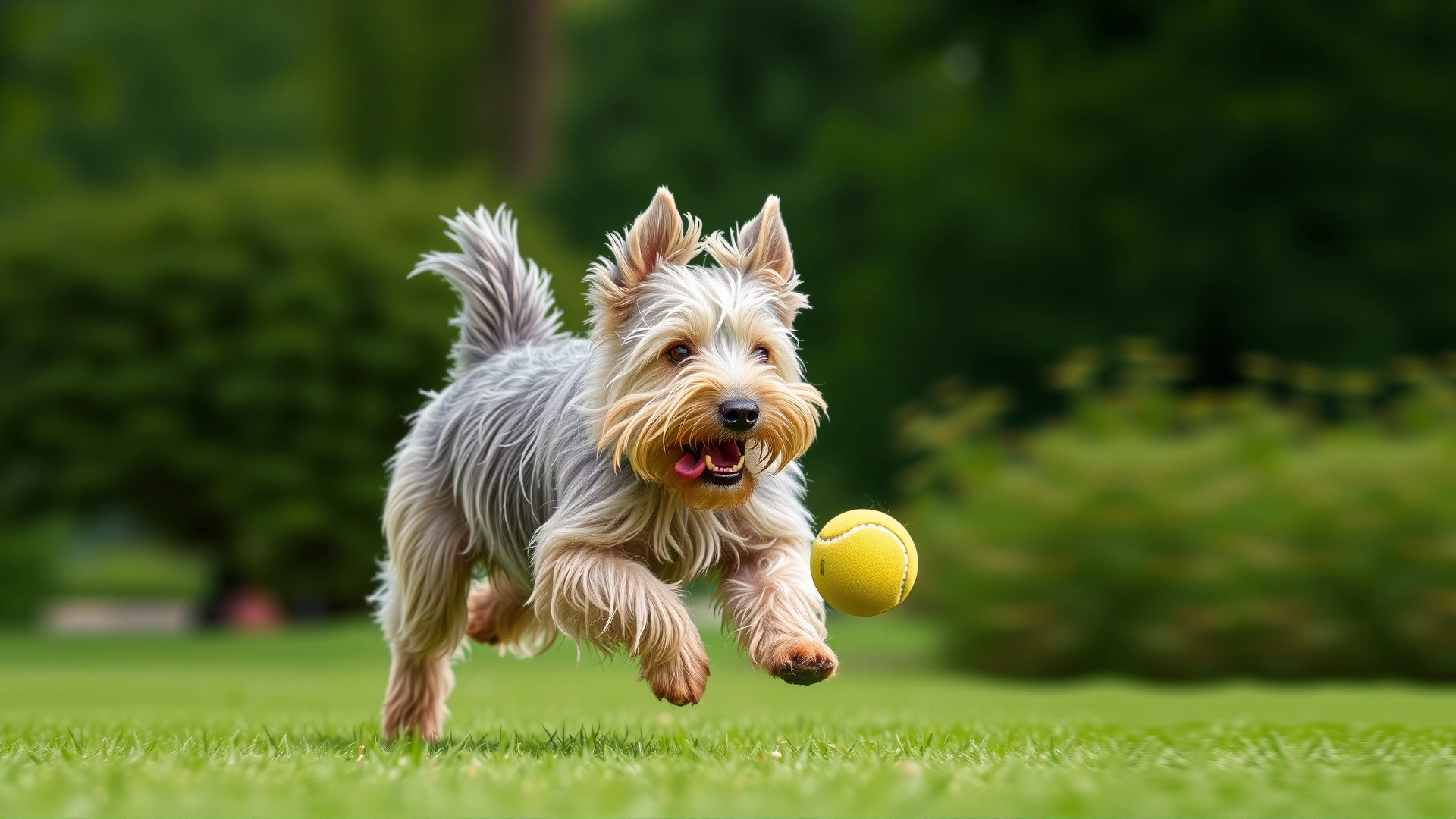 Action shot of a Skye Terrier chasing a tennis ball across a green park lawn, slight motion blur for energy.