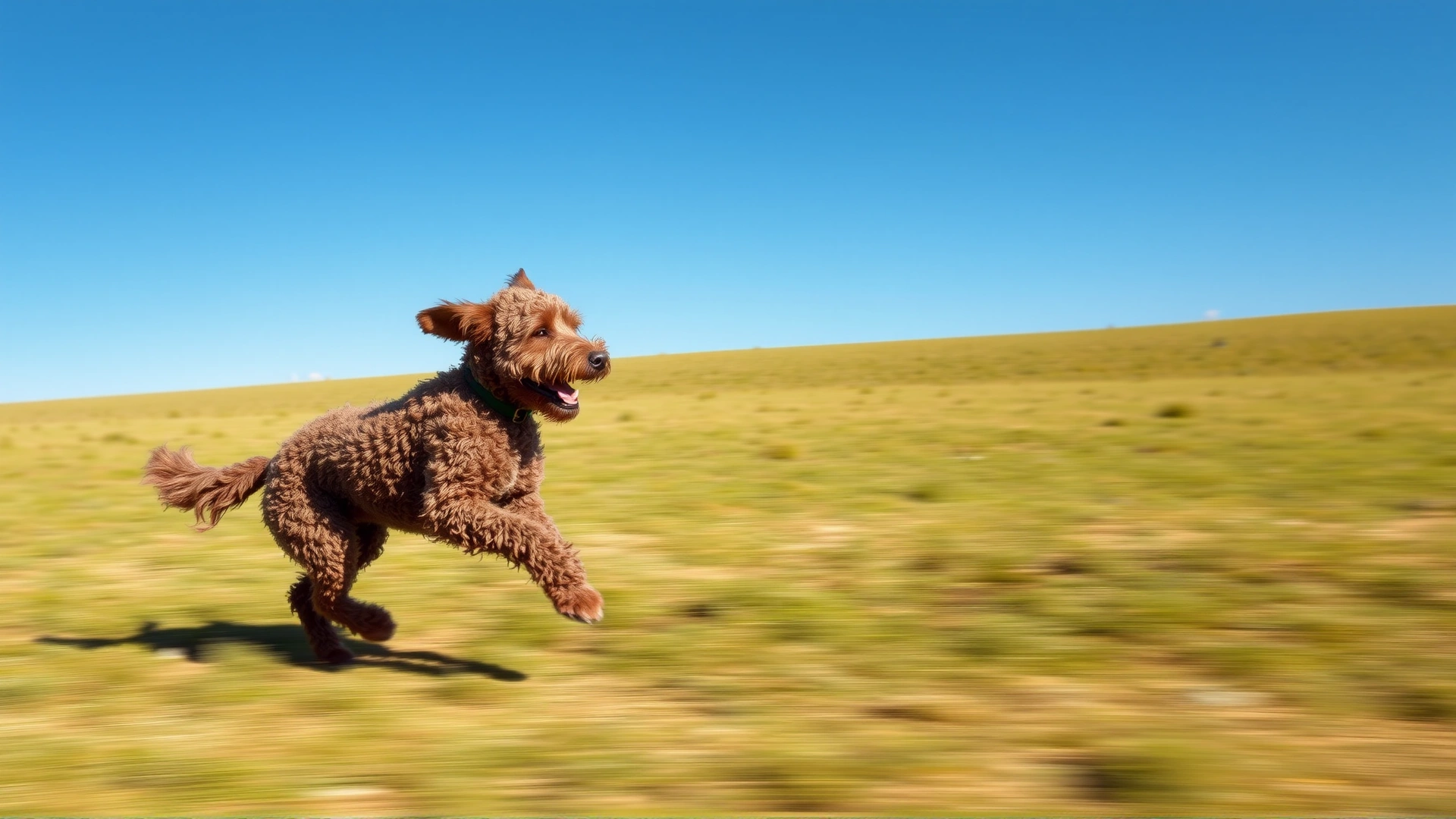 Lagotto Romagnolo mid-run across a grassy field with motion blur conveying speed, blue sky overhead.