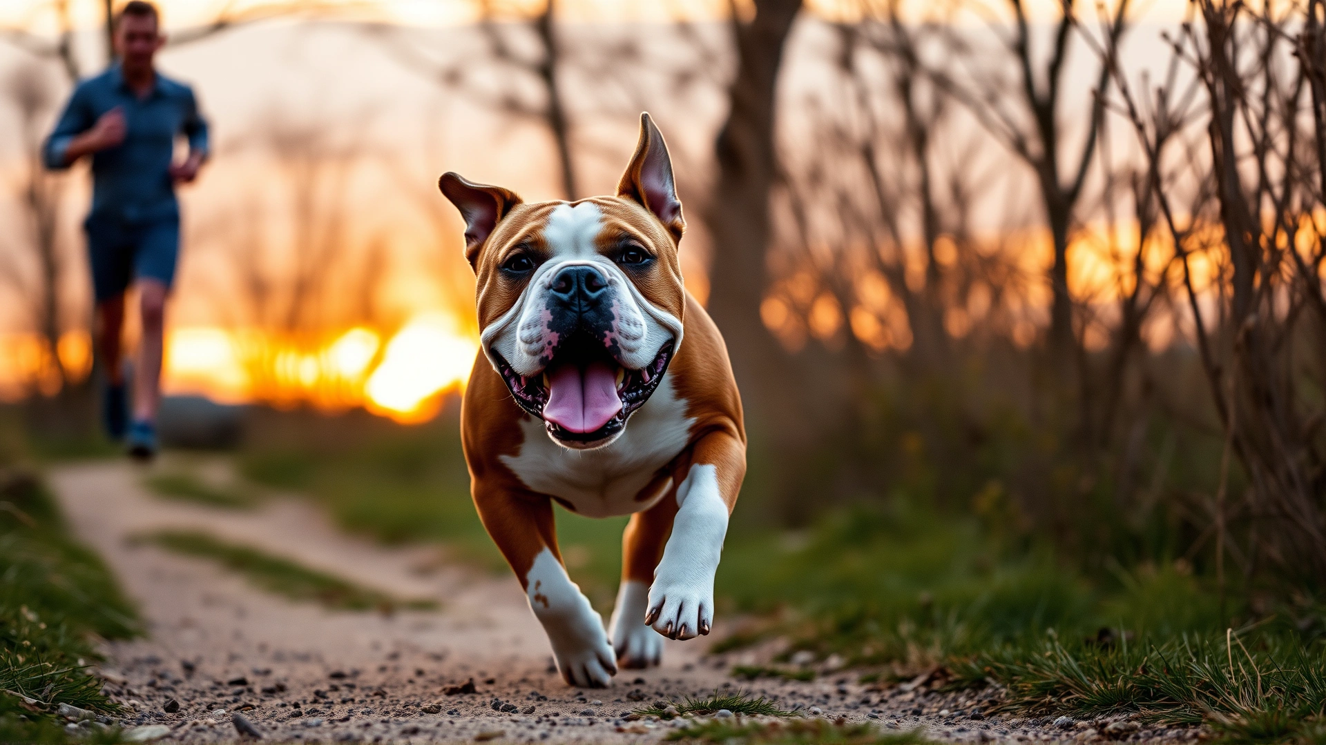 Athletic adult American Bulldog running alongside its owner during an outdoor trail jog at sunset.