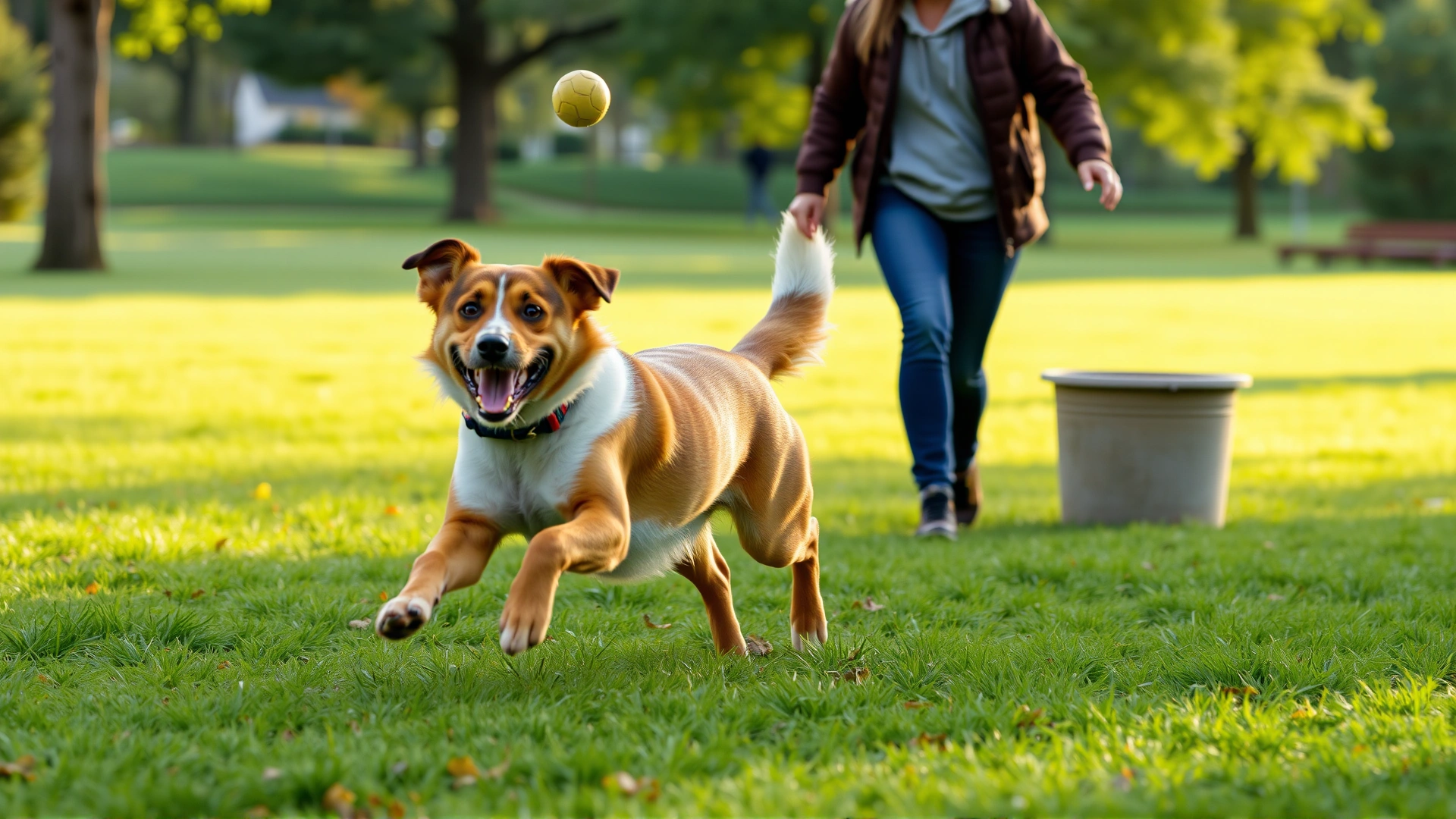 A playful dog running energetically in a green park at sunrise, with its owner tossing a ball.
