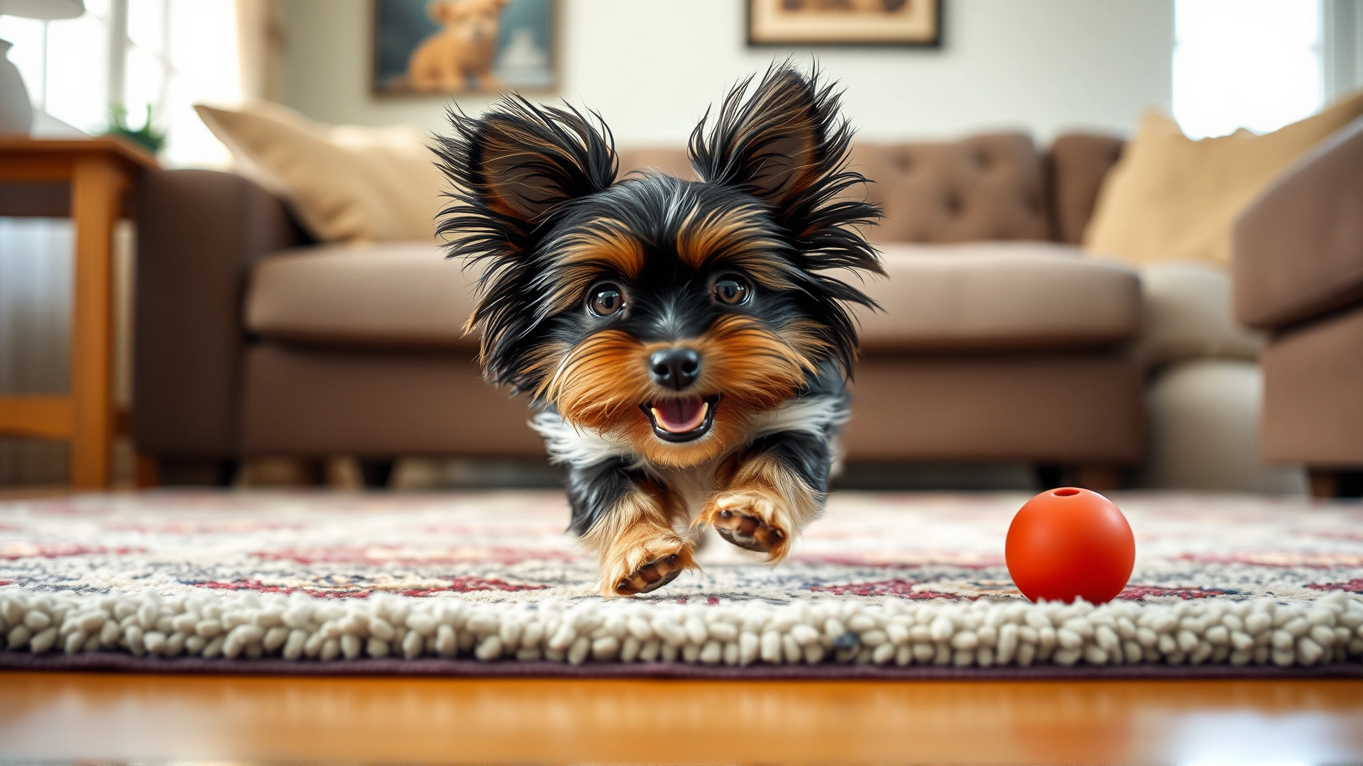 A Chorkie joyfully chasing a small rubber ball across a living-room rug, motion blur emphasizing energy.