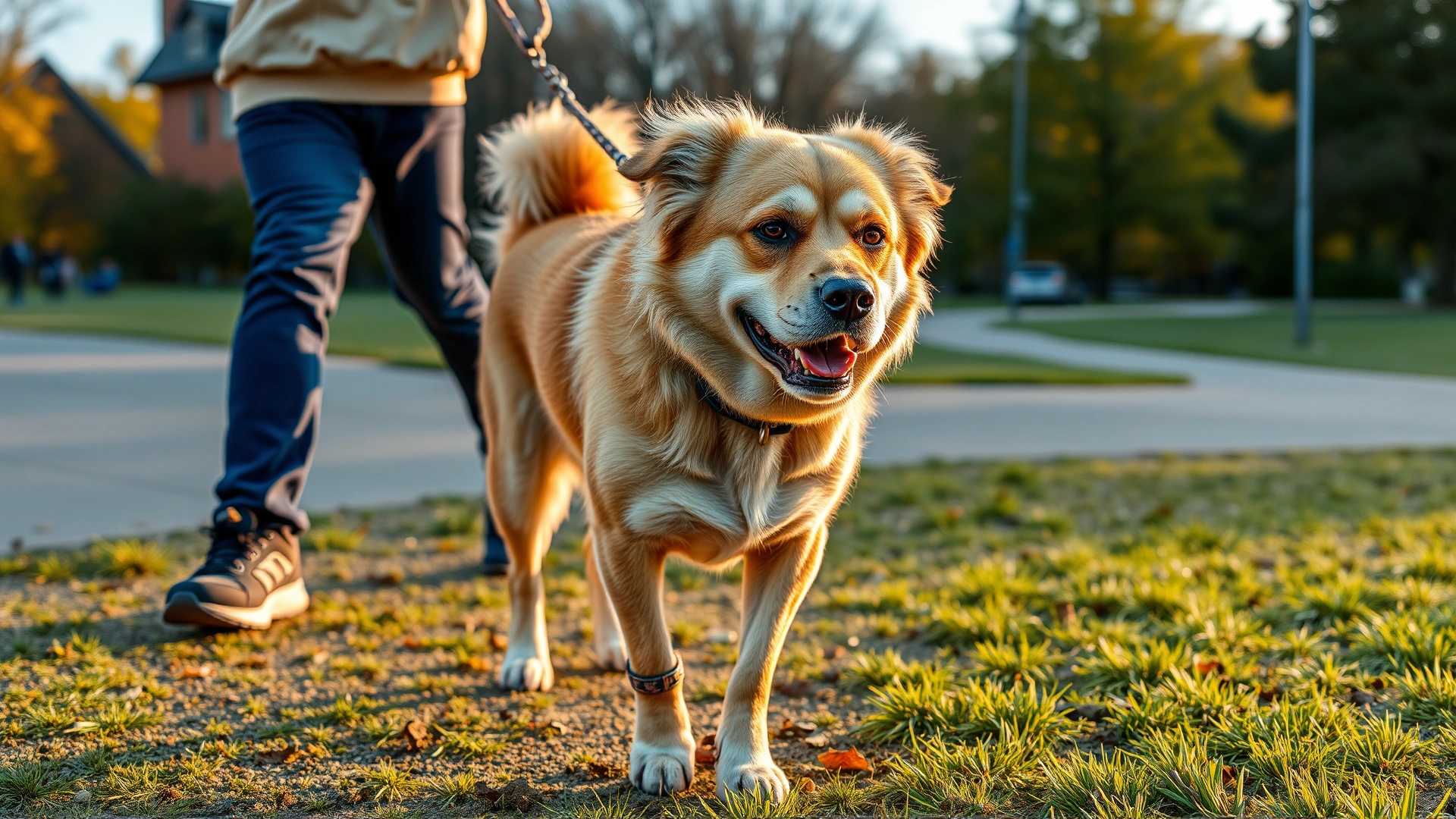 Medium shot of an older dog walking calmly with its owner in a park during golden hour, showcasing moderate exercise