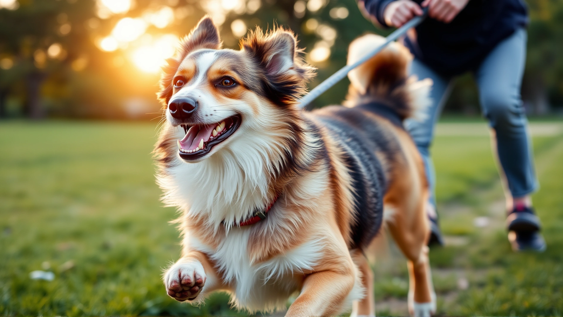 Energetic mixed-breed dog running alongside a smiling owner in a park during golden hour