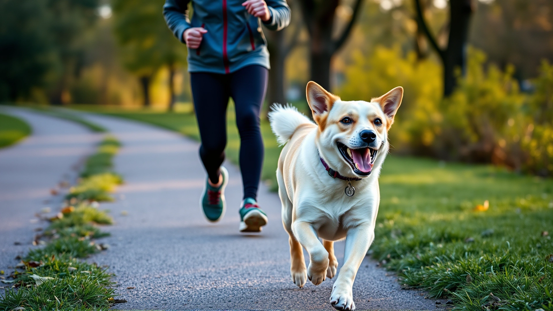 Energetic dog running along a green park trail with a smiling owner jogging behind, early morning light