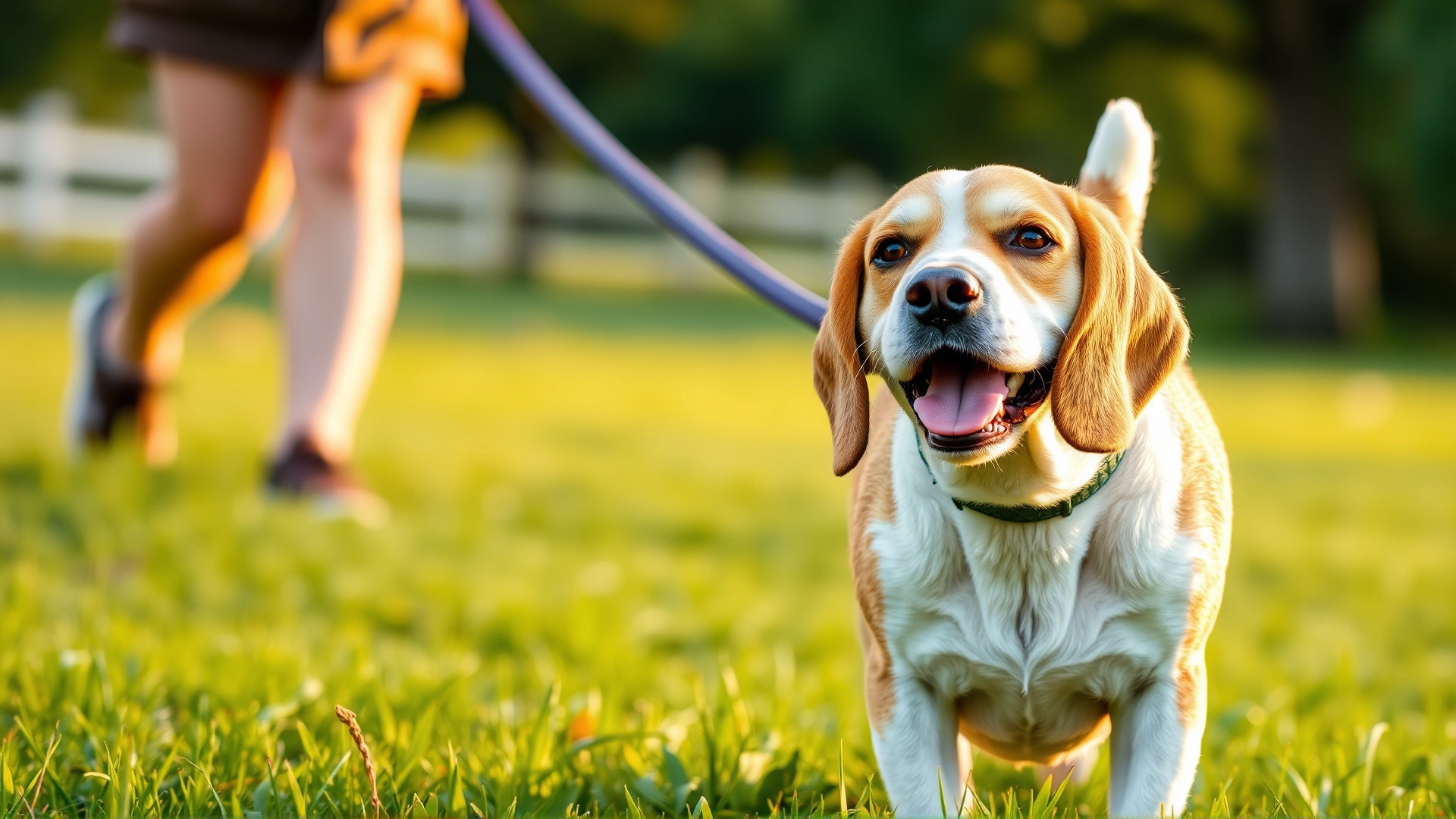 Smiling senior Beagle doing gentle sniff walk on grassy field with owner holding leash under morning light.