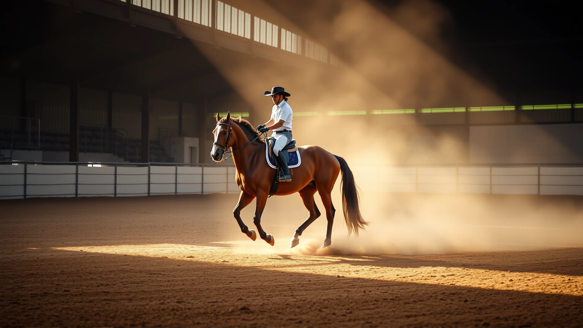 Image of a rider exercising a horse in a large outdoor arena with dust rising, emphasizing regular workout