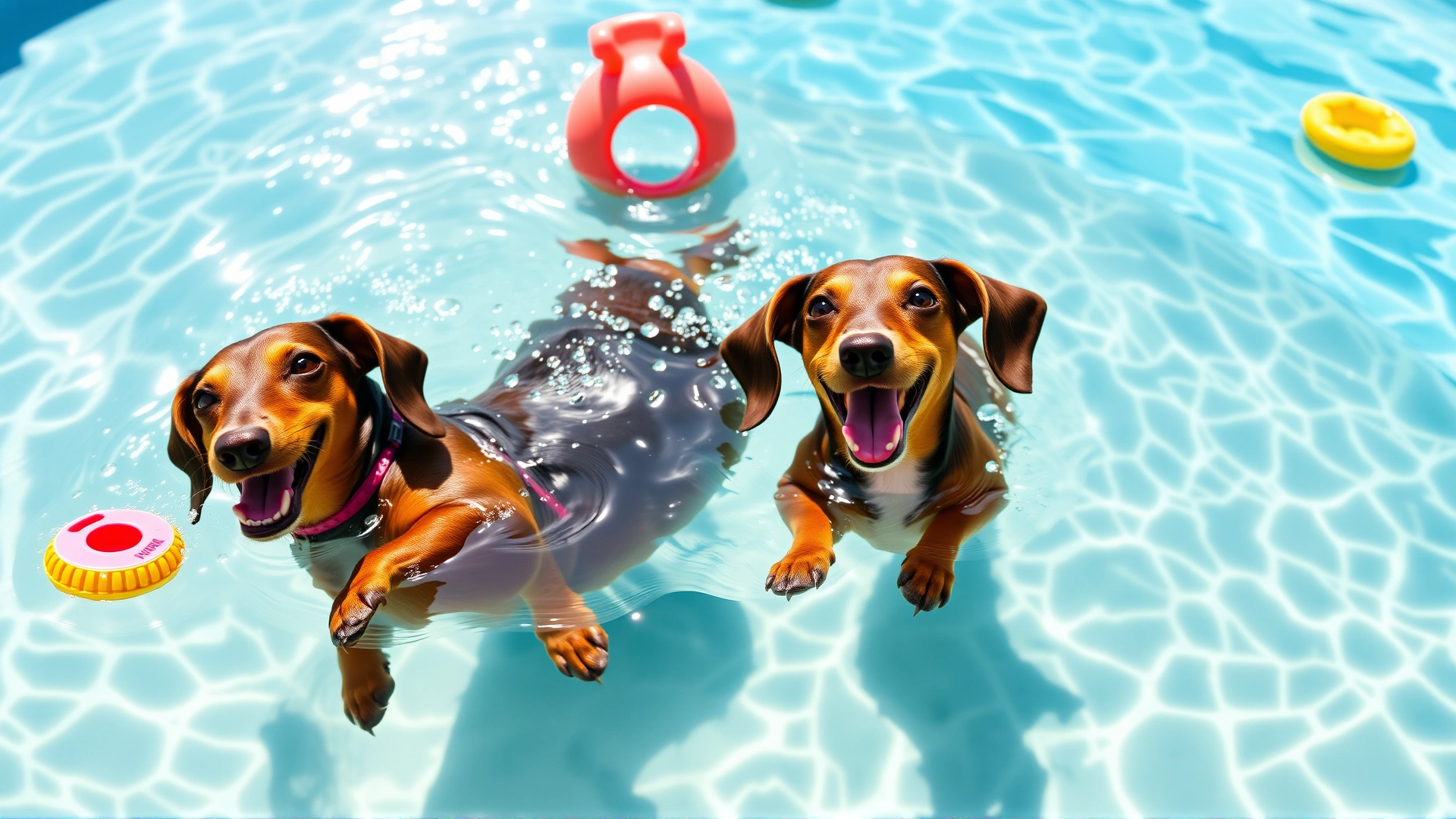 Two dachshunds happily swimming in a shallow pet pool with floating toys, clear blue water and sunny outdoor setting