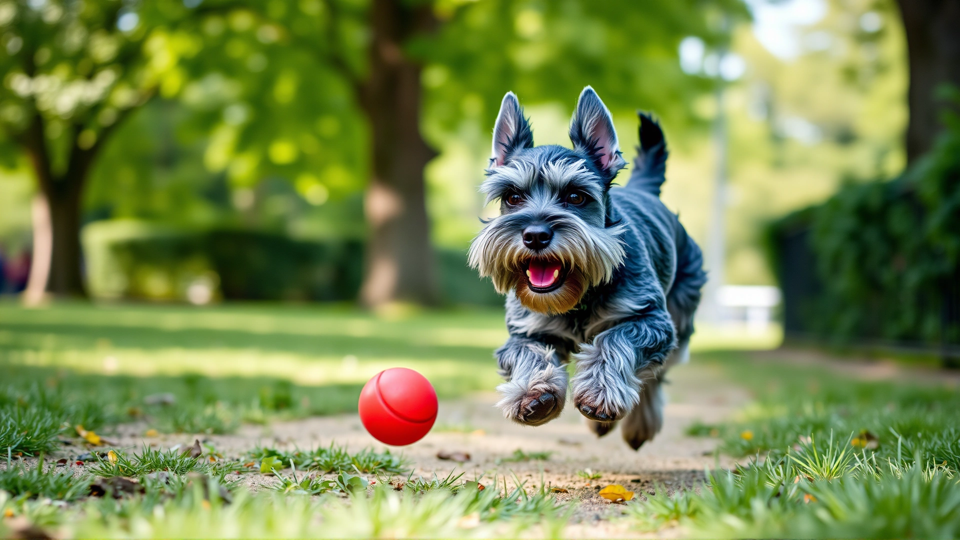 Miniature Schnauzer running energetically in a park while fetching a bright red ball