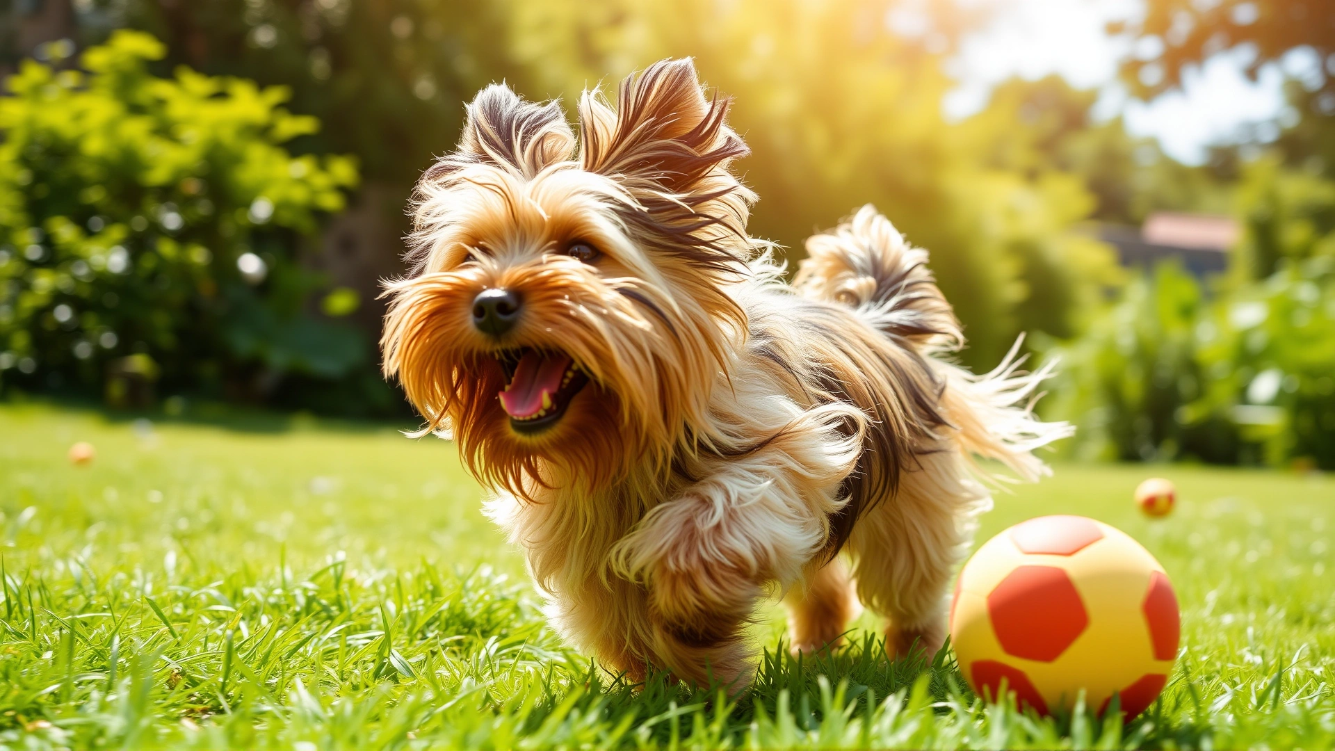 Tibetan Terrier joyfully running after a ball in a lush green backyard, motion blur to convey energy, sunny afternoon