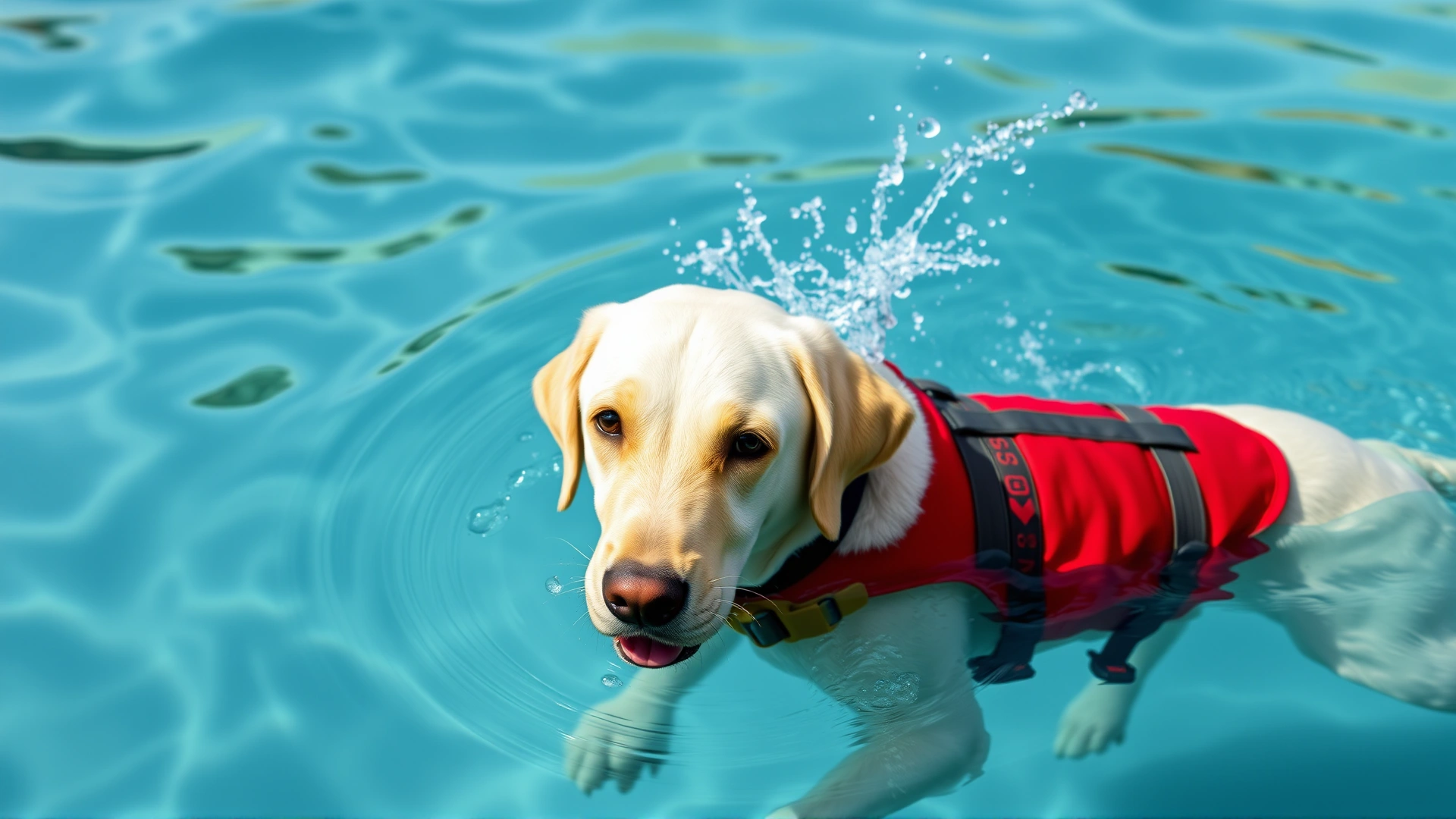 Older Labrador swimming gently in a clear, calm pool wearing a red flotation vest, water splashes frozen mid-air