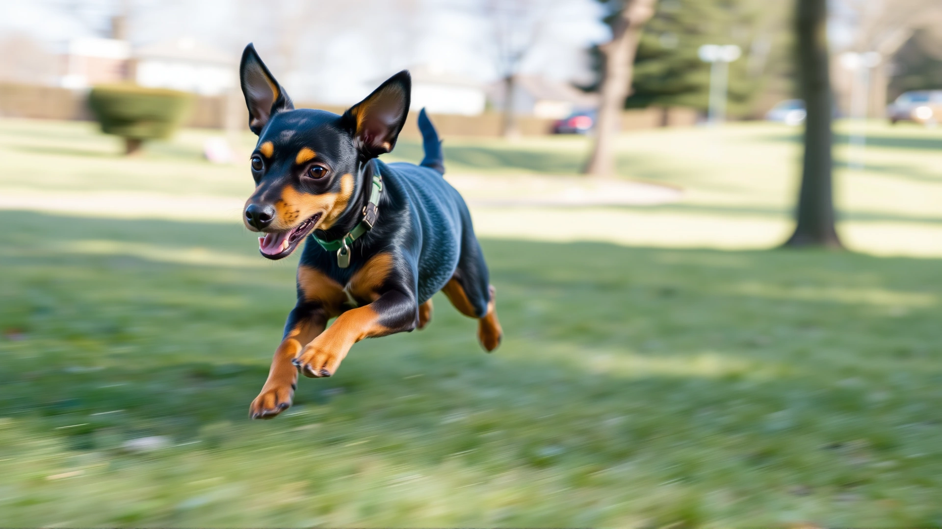 Action shot of a Miniature Pinscher sprinting across a grassy park, motion blur, daylight