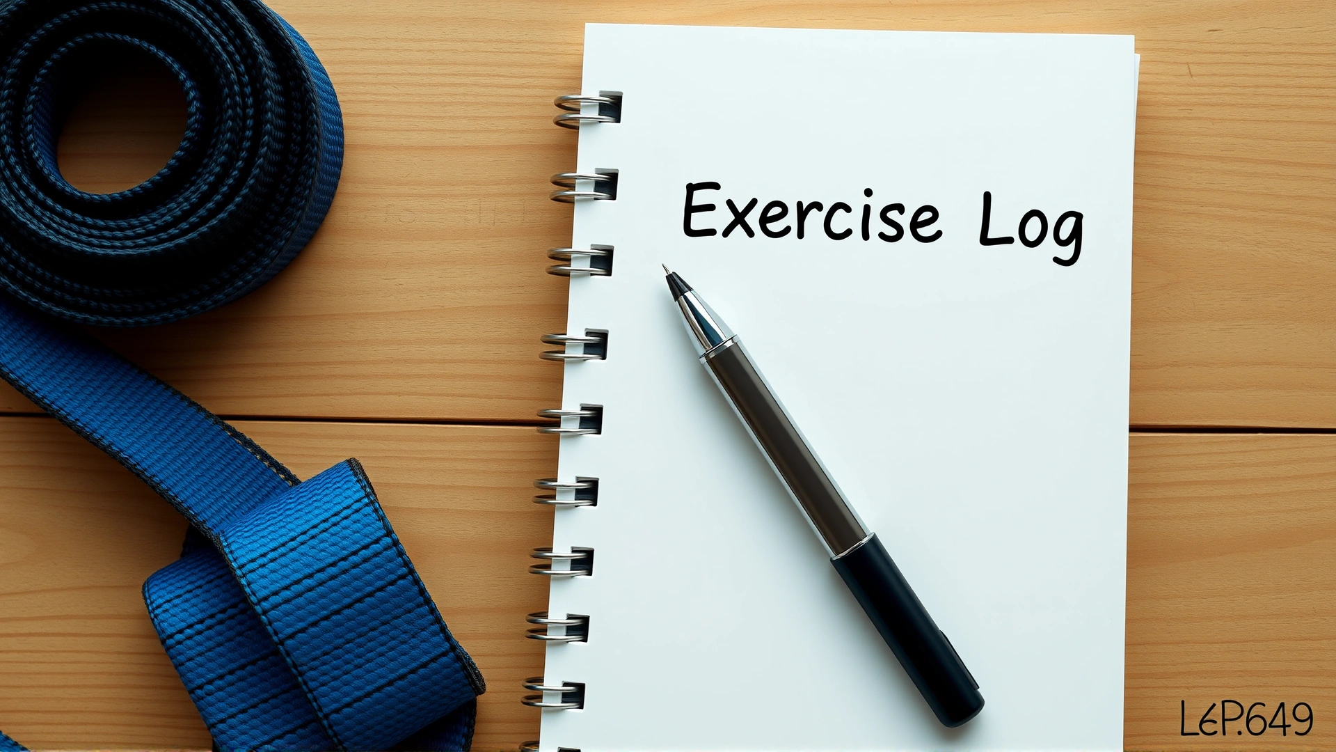 Top-down view of a notebook titled “Exercise Log” with a pen and a dog leash on a wooden table.