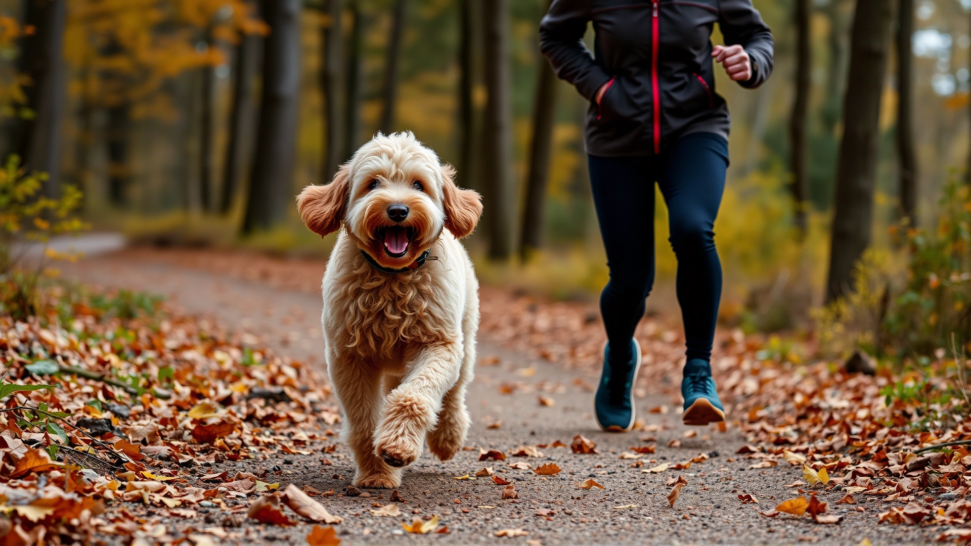Goldendoodle running alongside a jogger on a forest trail during autumn, leaves falling around.