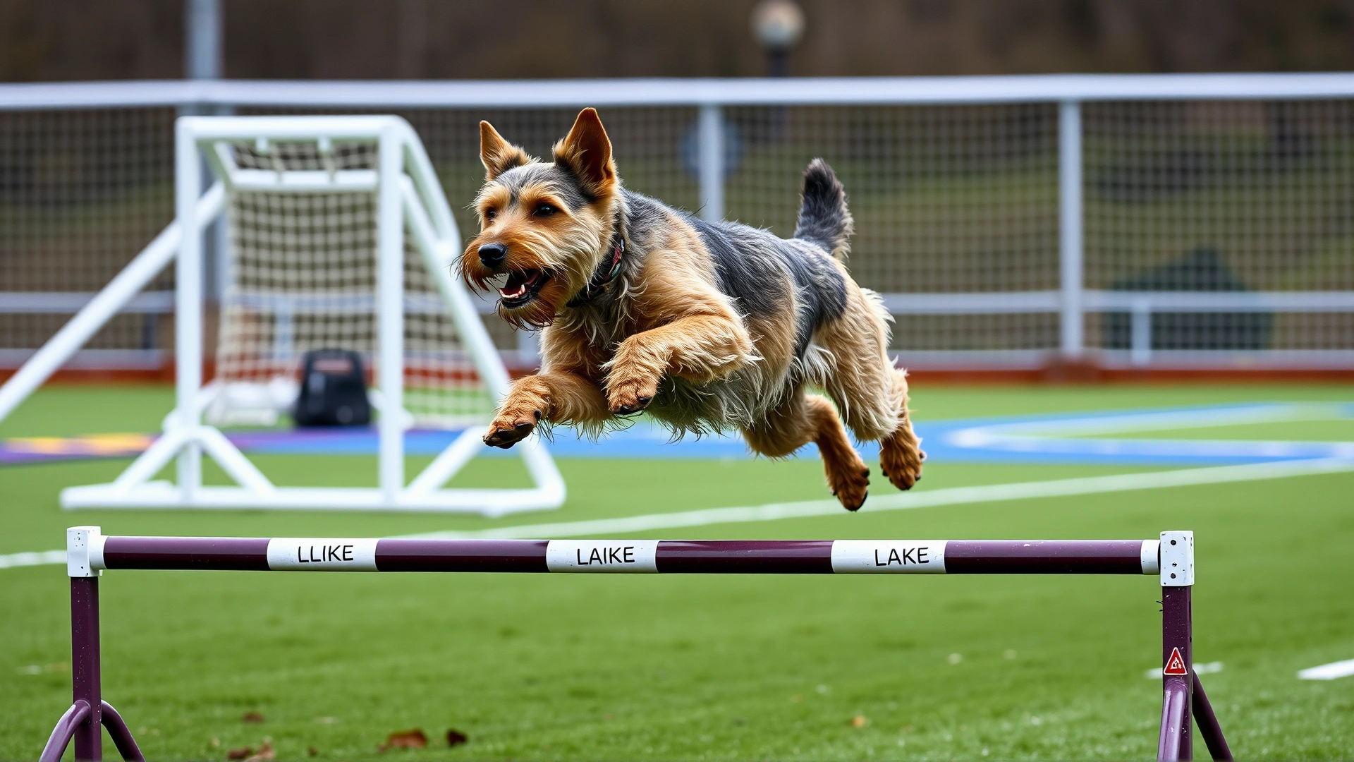 Lakeland Terrier mid-jump over an agility hurdle on a training field, capturing energy and athleticism, no text.
