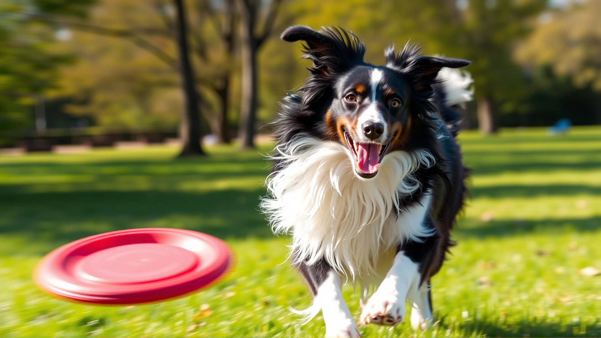 Energetic Border Collie fetching a frisbee in a sunny park, motion blur on grass