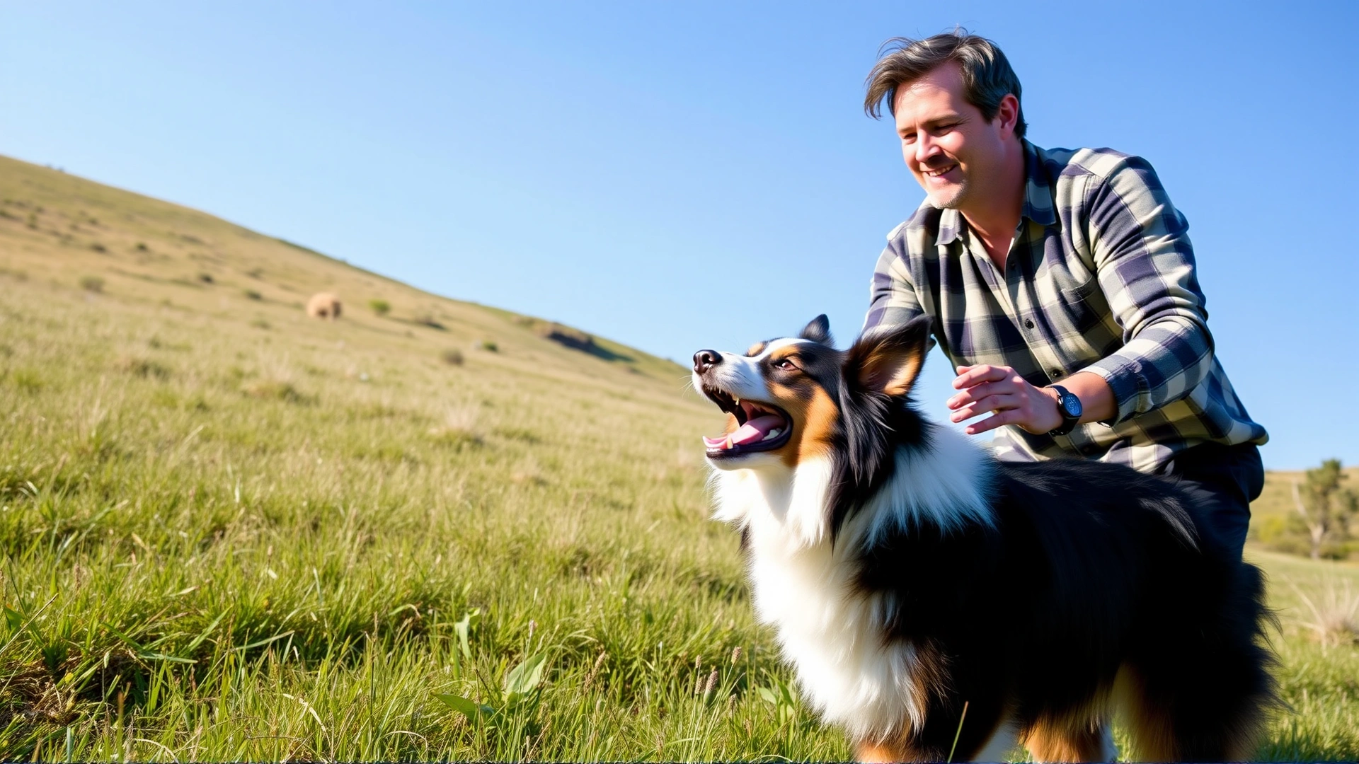 Owner playing fetch with a lively border collie in a grassy field under a clear sky.