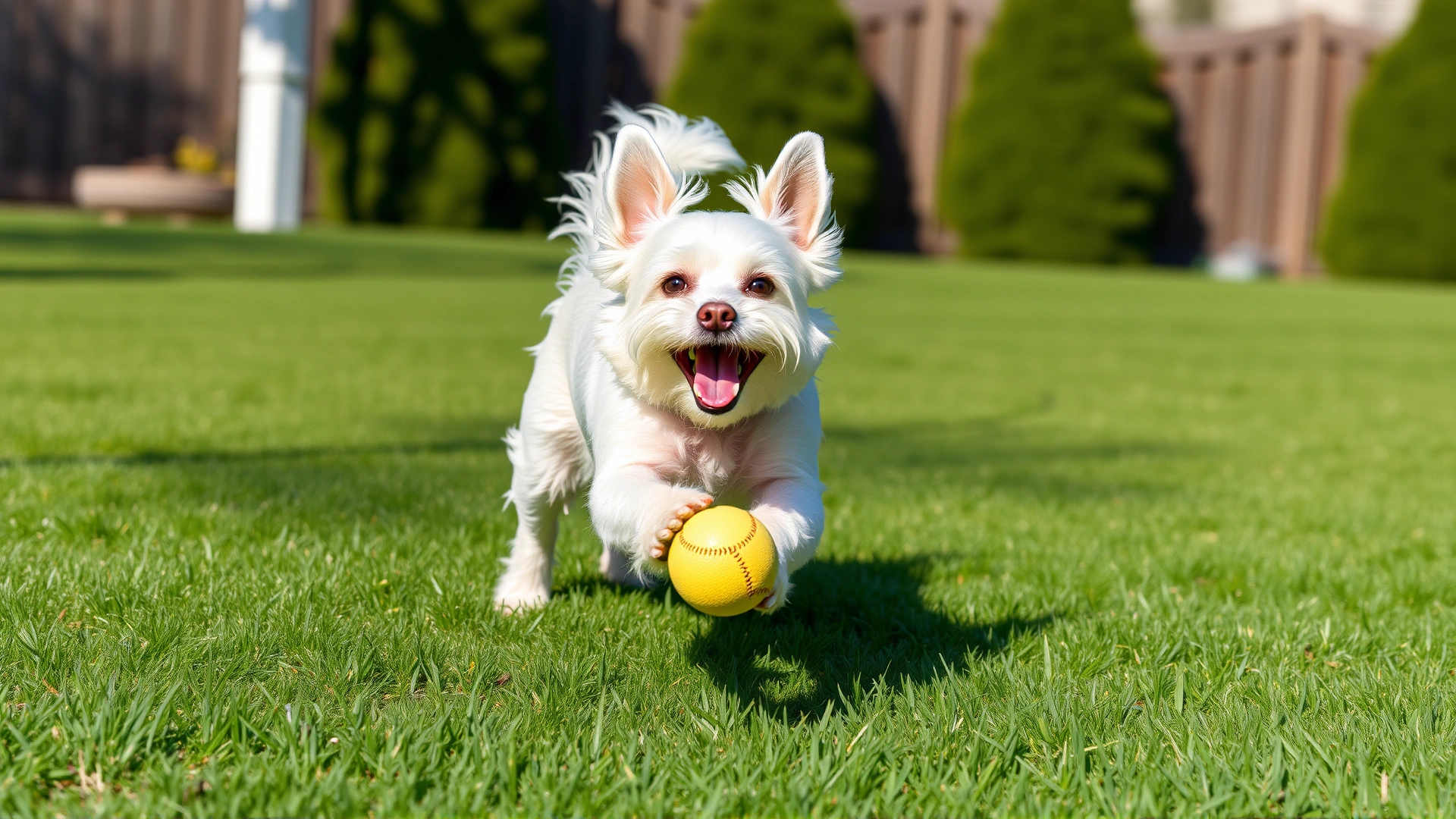 A Chinese Crested dog joyfully chasing a soft ball across a green backyard lawn under clear skies.