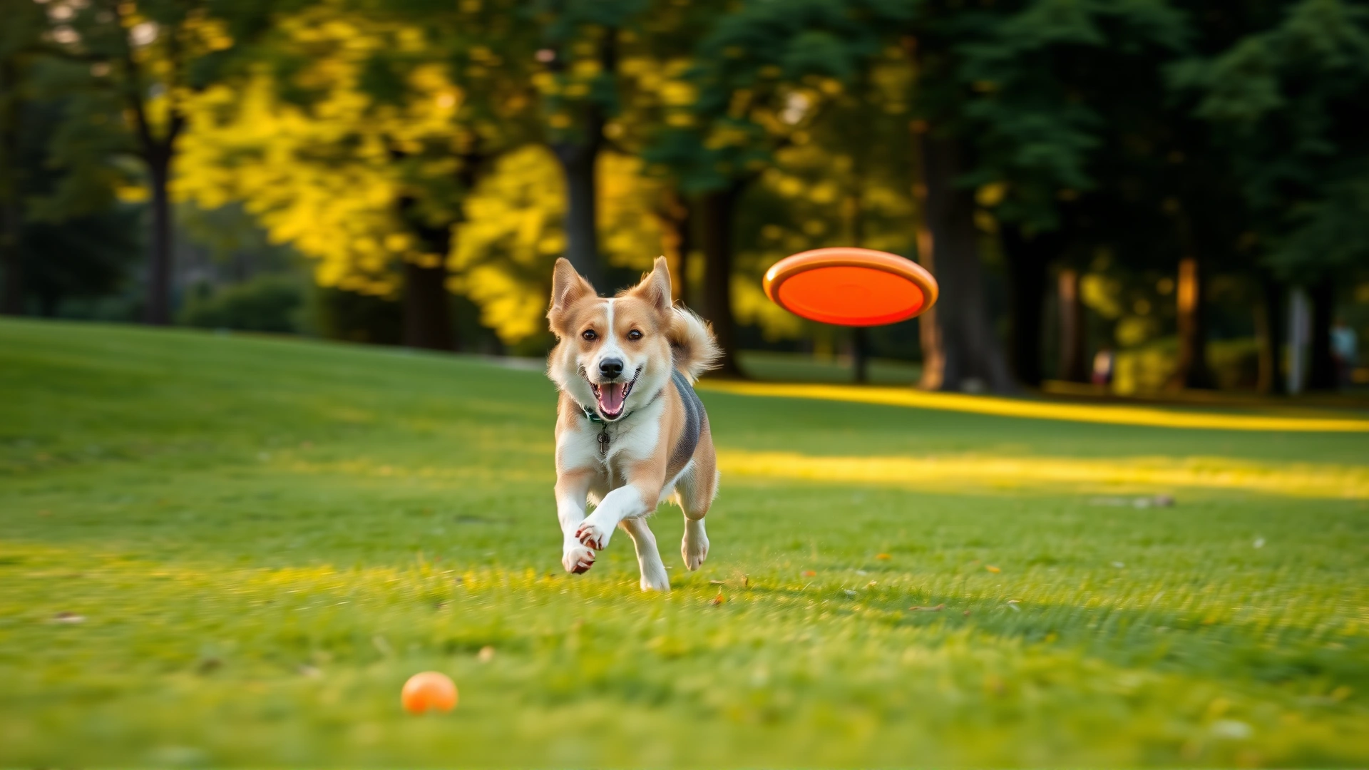 Dog running with a frisbee in a green park during golden hour; motion blur shows energy and excitement