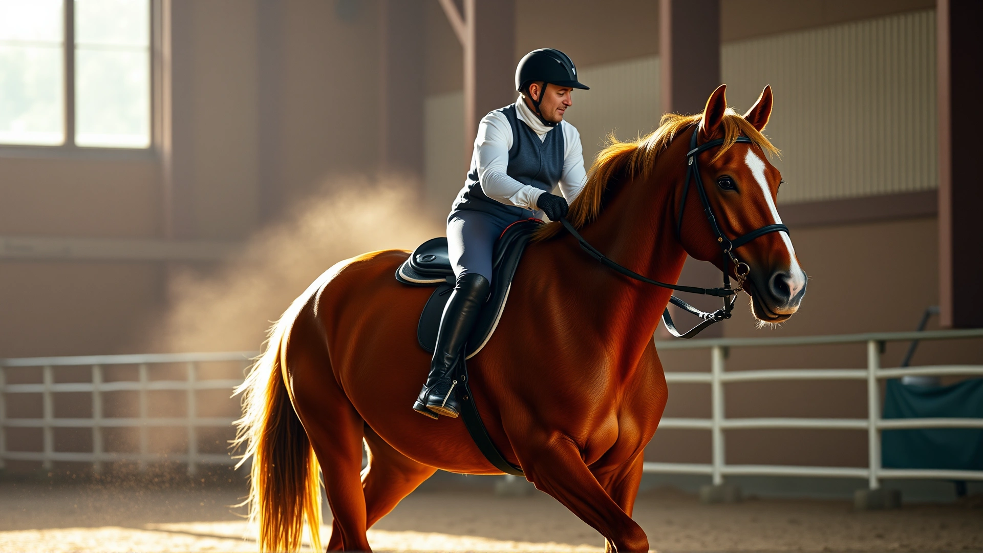 Rider guiding a chestnut horse at a relaxed walk in an arena during warm-up, morning light with dust particles visible.
