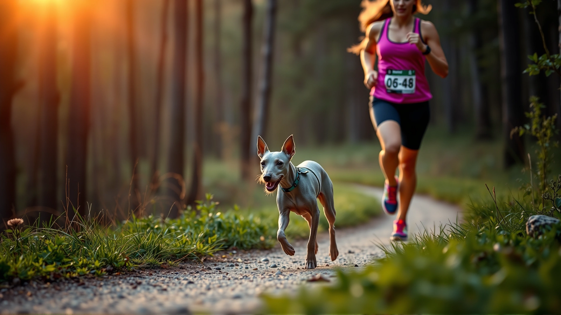 American Hairless Terrier jogging alongside a female runner on a forest trail during sunrise