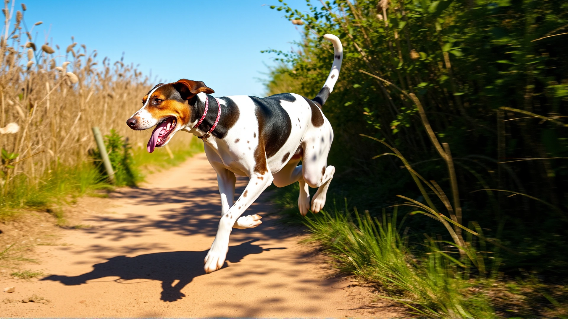 Action shot of a Treeing Walker Coonhound sprinting on a dirt trail, ears flapping and tongue out, bright daylight.