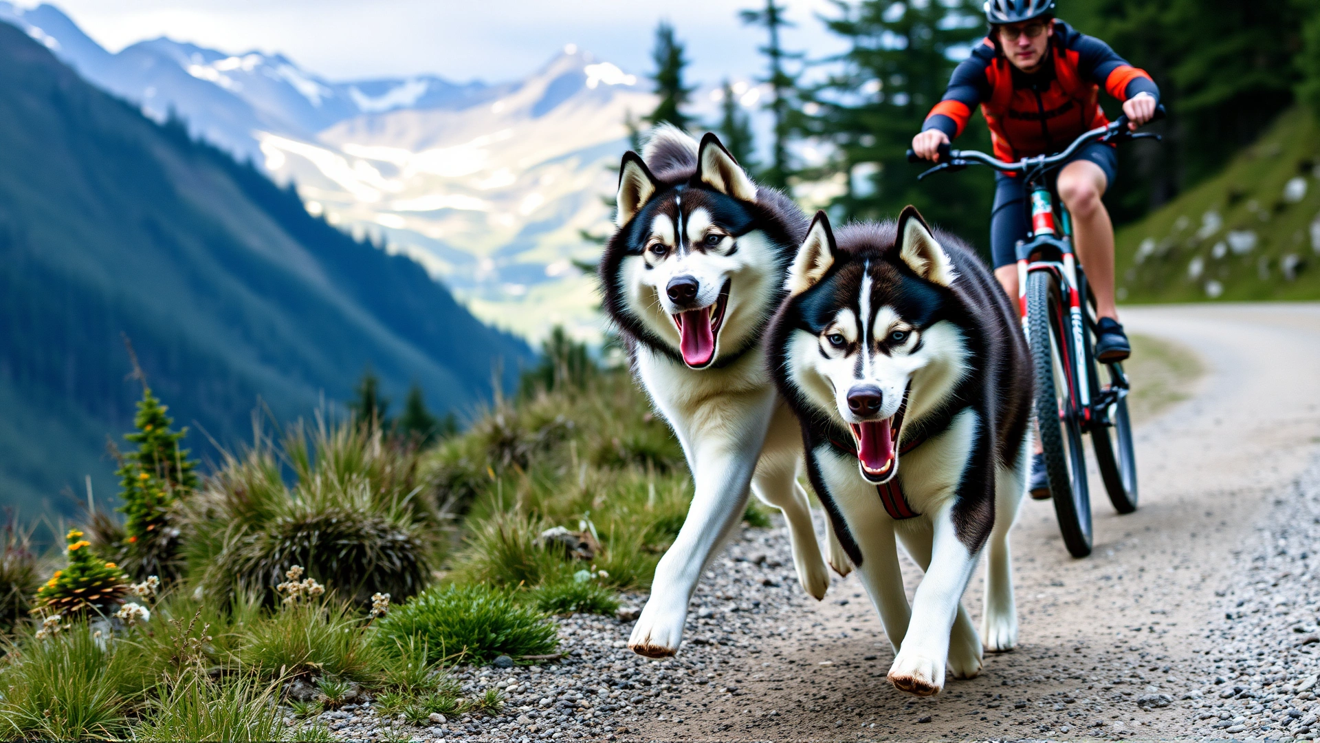 Two adult Alaskan Malamutes sprinting beside a mountain trail with their owner on a bike, showcasing their energy and athleticism.