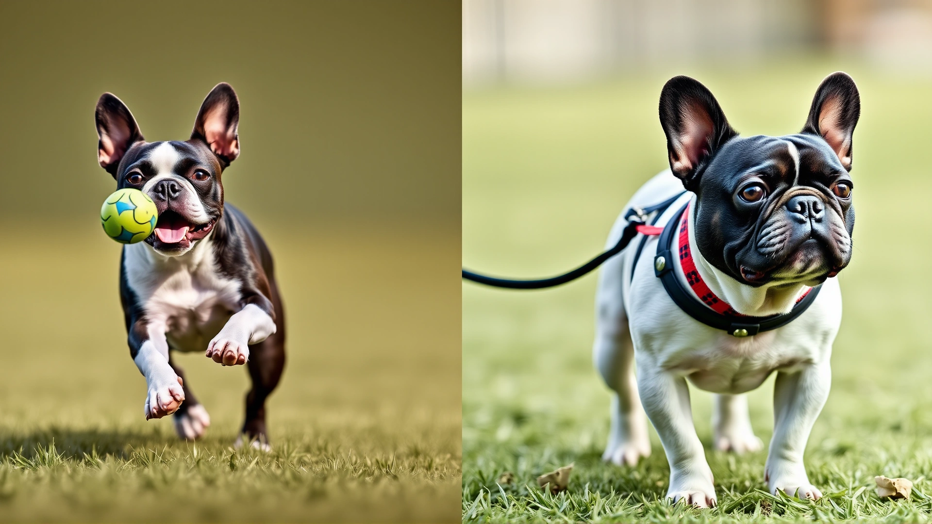 Split-frame image: A Boston Terrier chasing a ball on one side and a French Bulldog strolling calmly on a leash on the other.