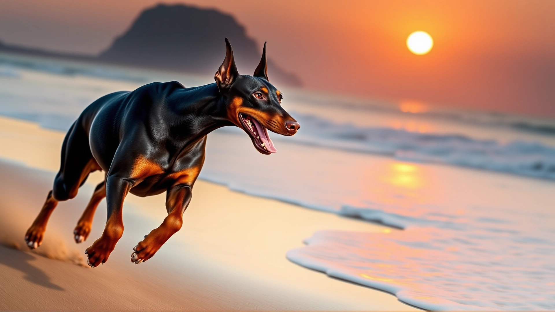 Doberman Pinscher running at full speed along a beach during a golden sunset, capturing its athleticism and energy.