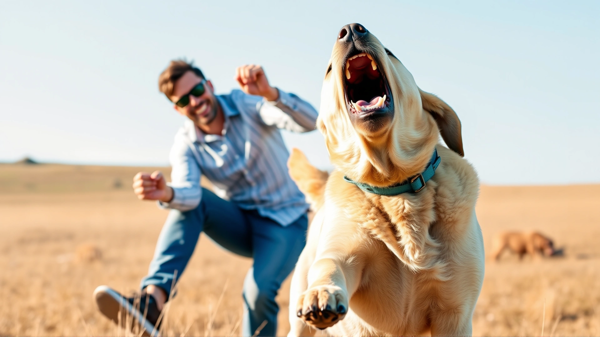 Dog owner playing fetch with a Labrador in an open field on a bright day, capturing dynamic movement