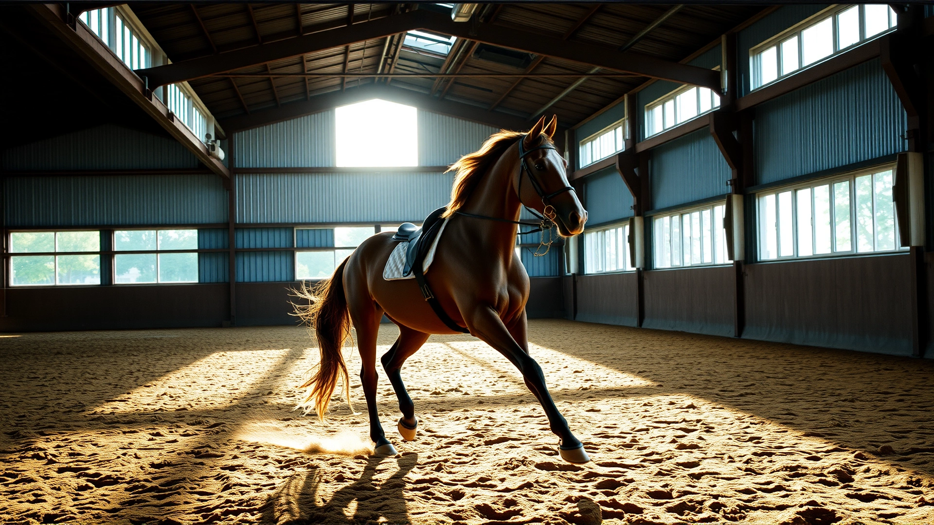 Horse trotting calmly in an indoor arena under a structured exercise program, sunlight filtering through windows