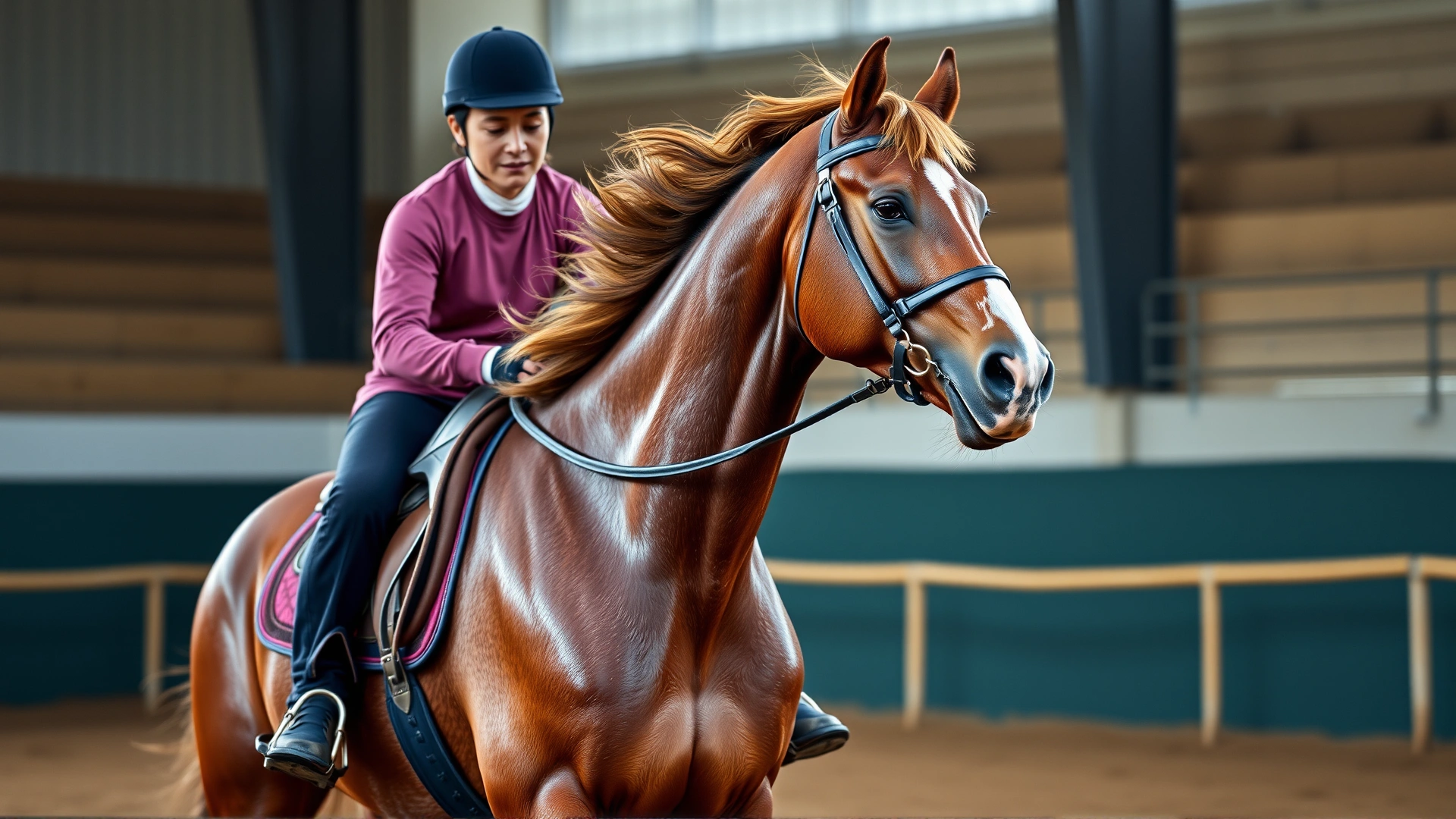 Horse and rider in mid-workout trotting in an arena, slight sweat visible on the horse, dynamic and sharp photo