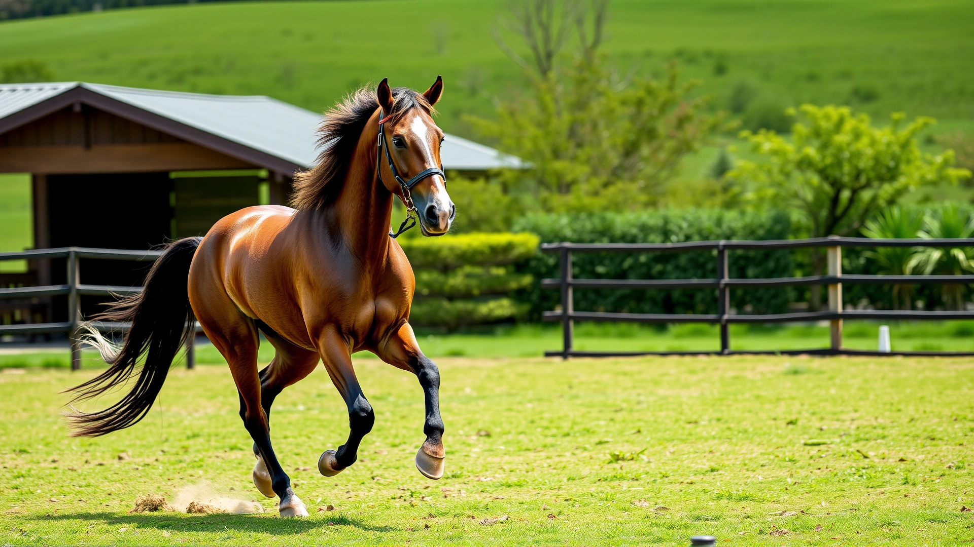 Horse trotting in a round pen during a controlled exercise session with a trainer, showing structured rehabilitation work.