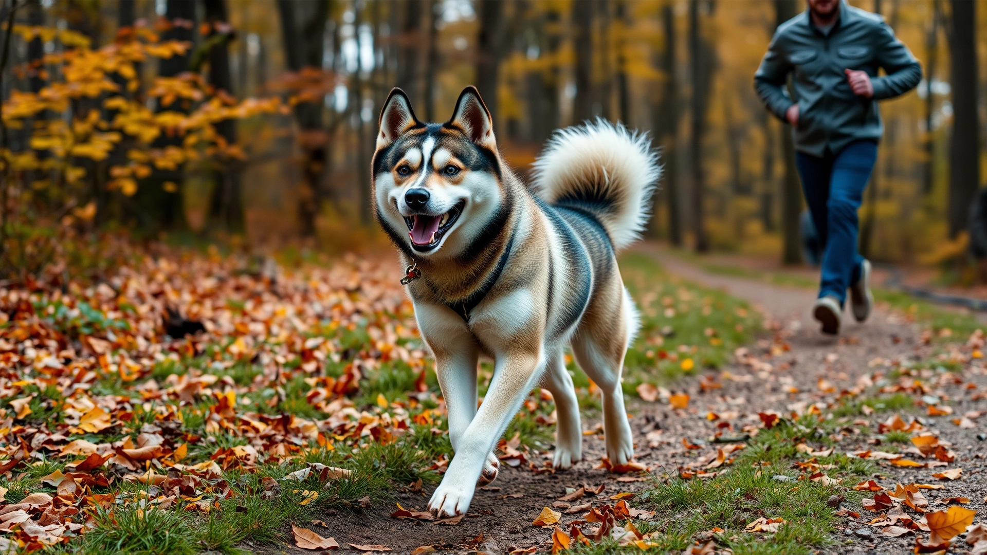 Energetic Alaskan Klee Kai running beside its owner on a forest trail in autumn with colorful leaves on the ground.