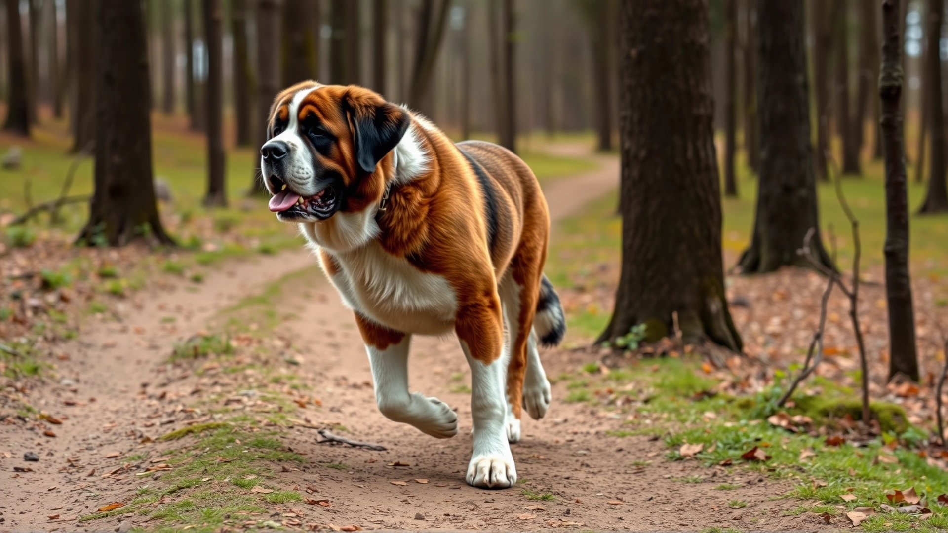 A Saint Bernard walking on a forest trail or park, illustrating moderate exercise and gentle activity.