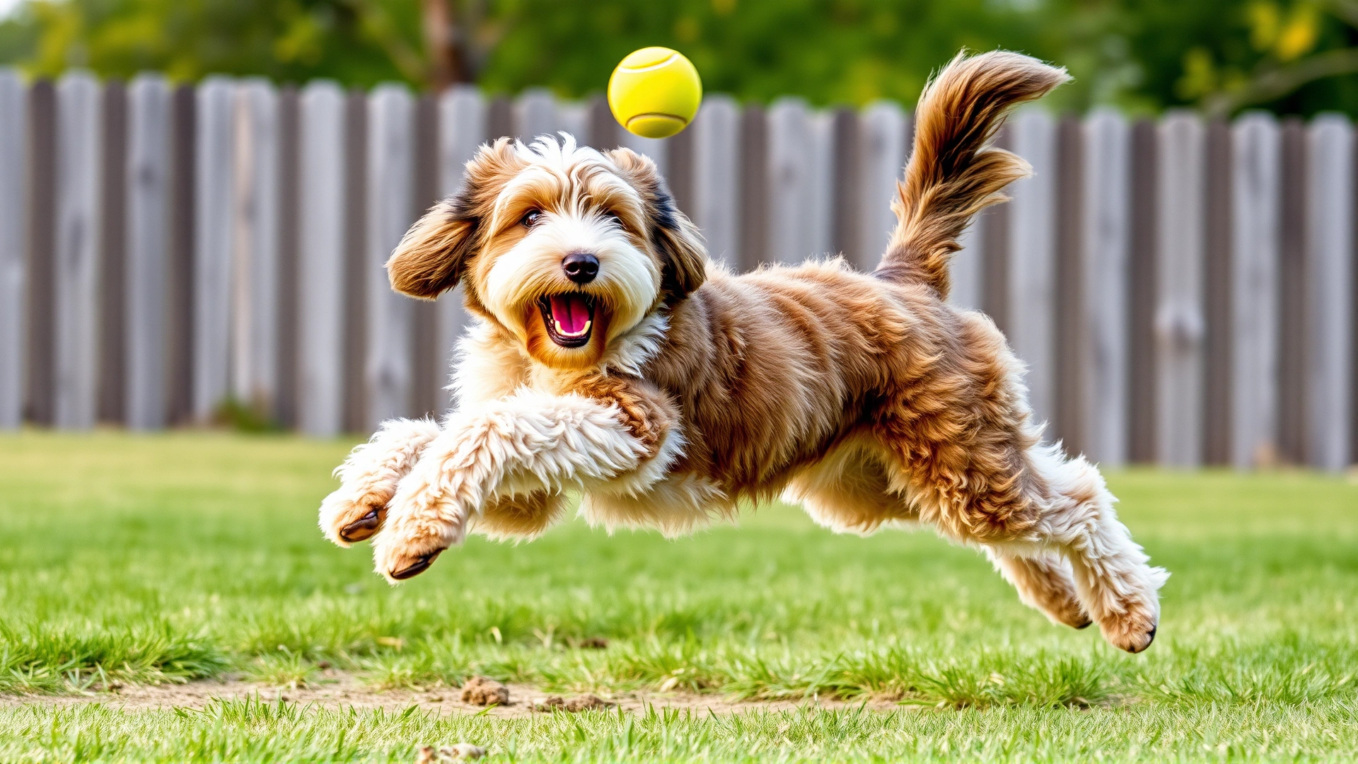 Shepadoodle playing fetch with a tennis ball in a fenced backyard, mid-jump with muscles flexed and tail up, illustrating high energy.