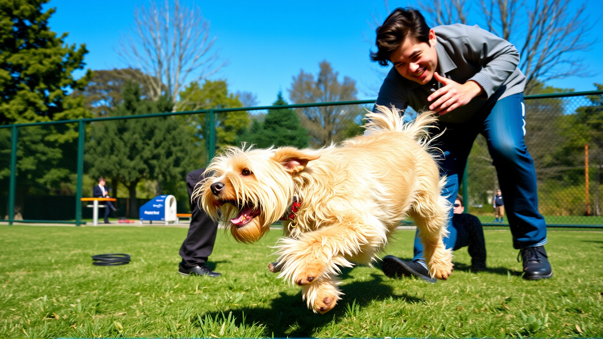 Owner playing fetch with a Soft Coated Wheaten Terrier at a dog park, dynamic motion, sunny day
