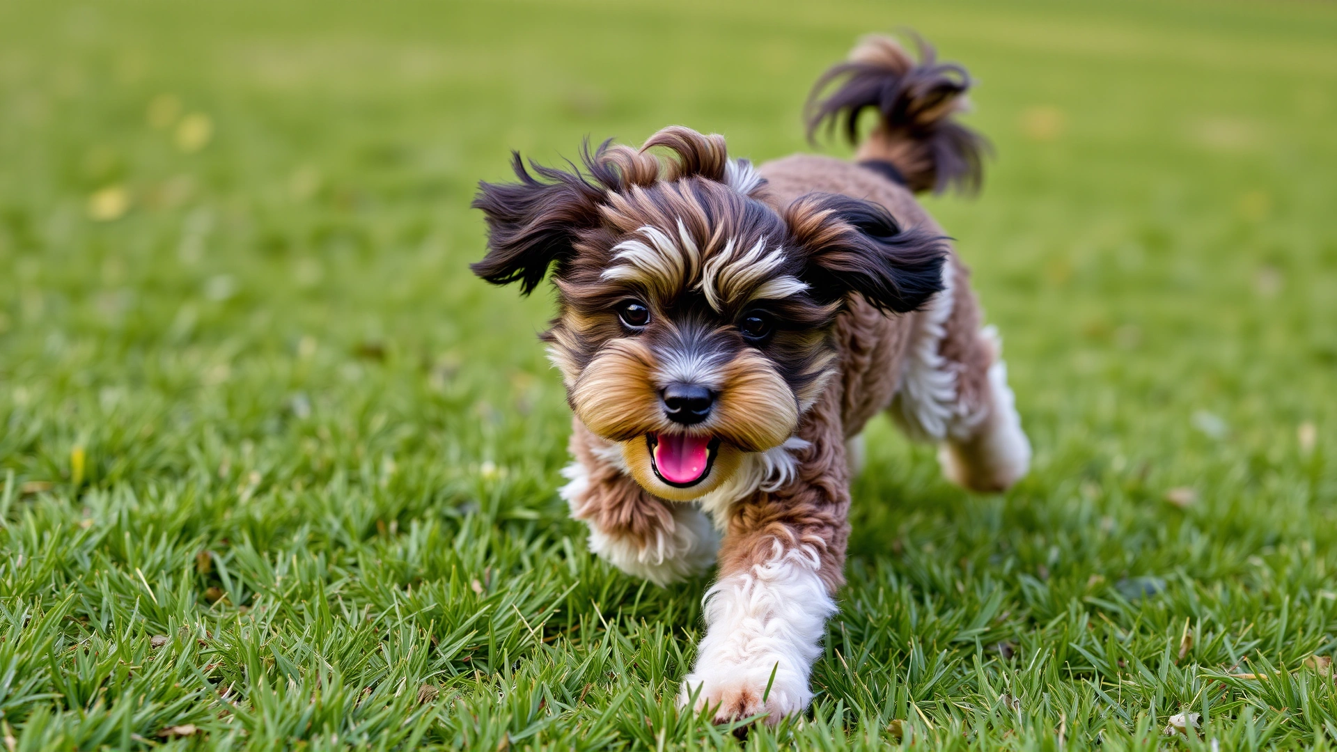 Toy Poodle chasing a bright red ball on green grass during playtime