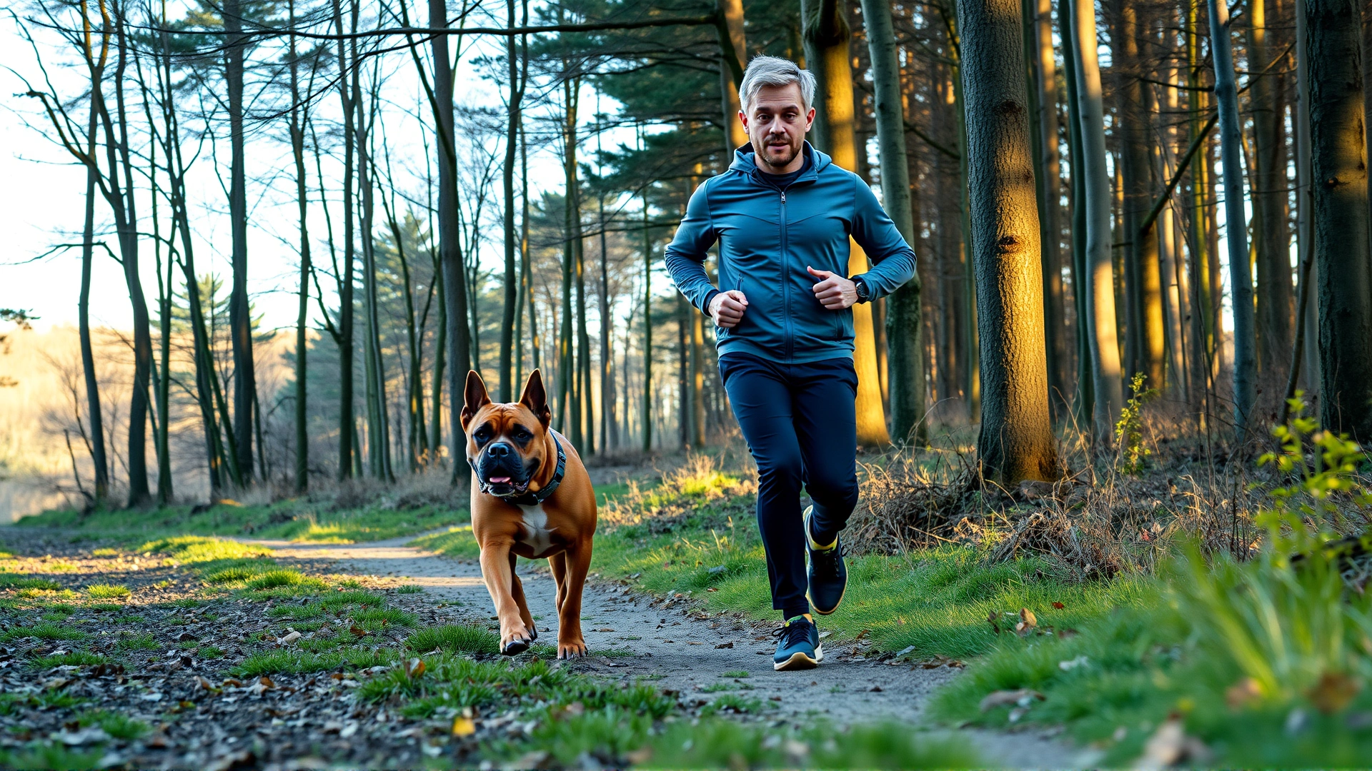 Owner jogging with a Dogue de Bordeaux along a forest trail on a crisp morning, both appearing energetic and healthy