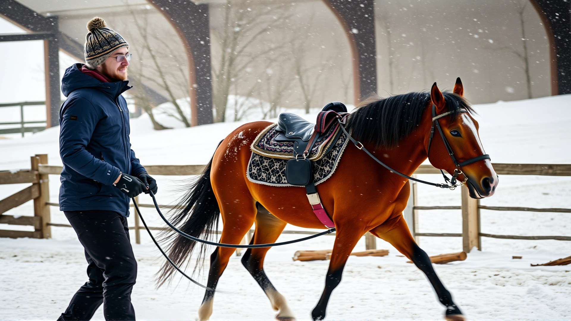 Rider trotting a horse through a snow-covered arena, both wearing winter gear, showcasing safe cold-weather exercise.
