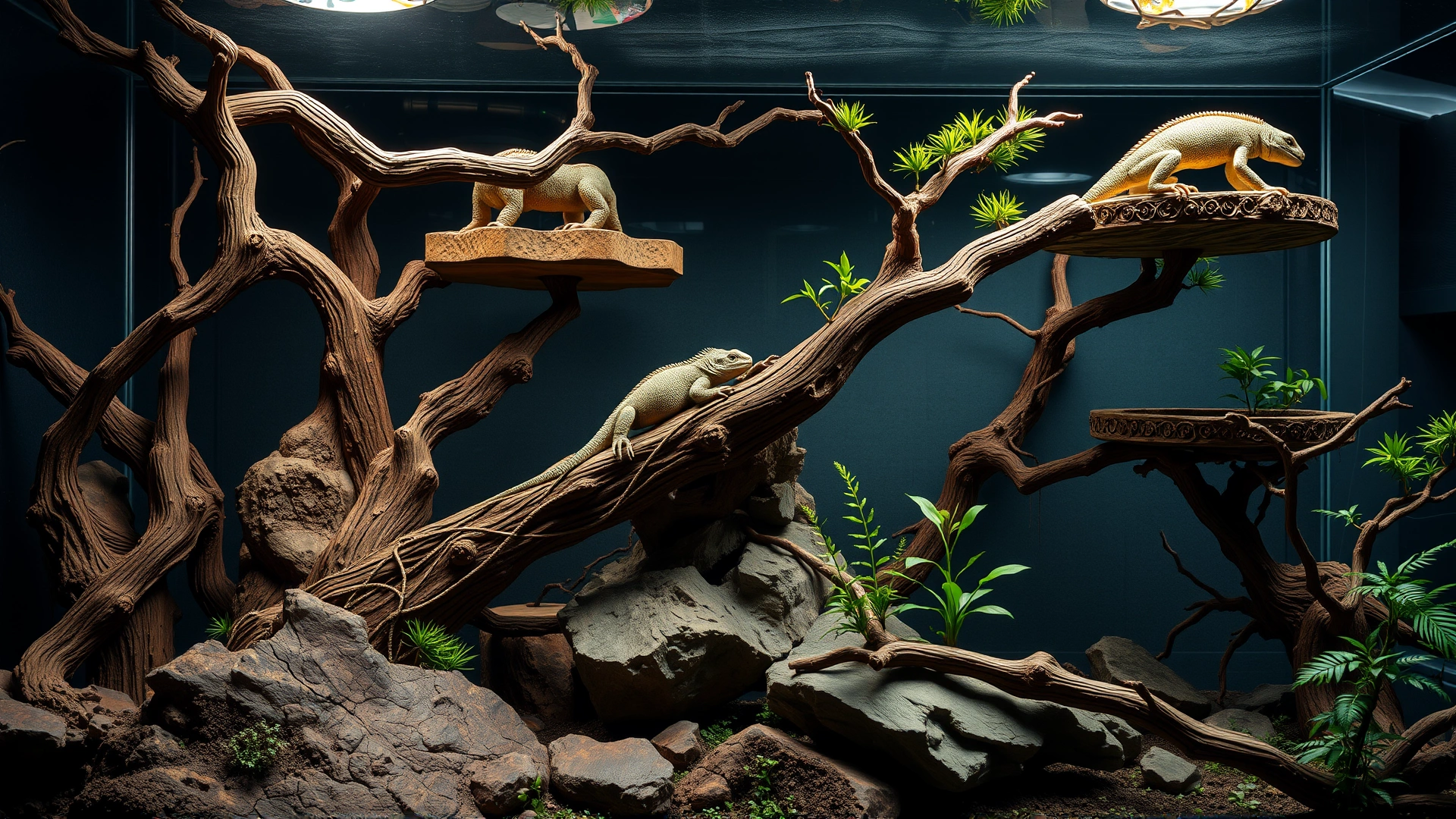 A spacious terrarium with multiple branches, rocks, and elevated basking platforms designed to encourage climbing for a lizard