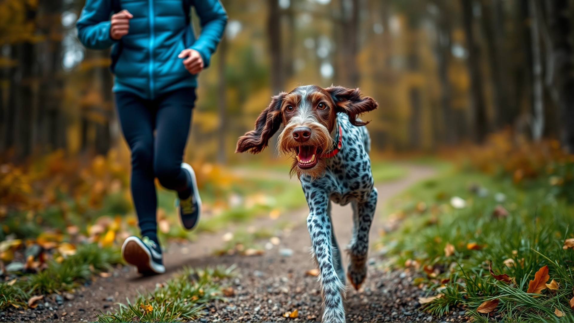 Athletic German Wirehaired Pointer running alongside a jogger on a forest trail in autumn, slight motion blur in background.