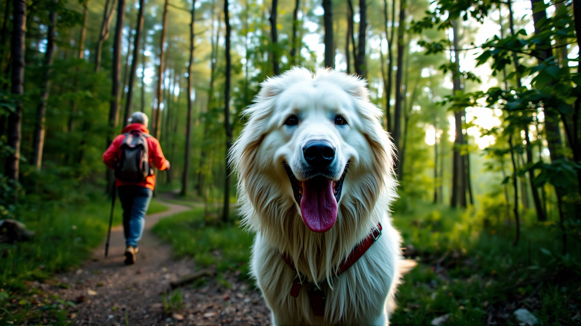 Great Pyrenees on a leisurely hike with its owner along a forest trail in early morning light.