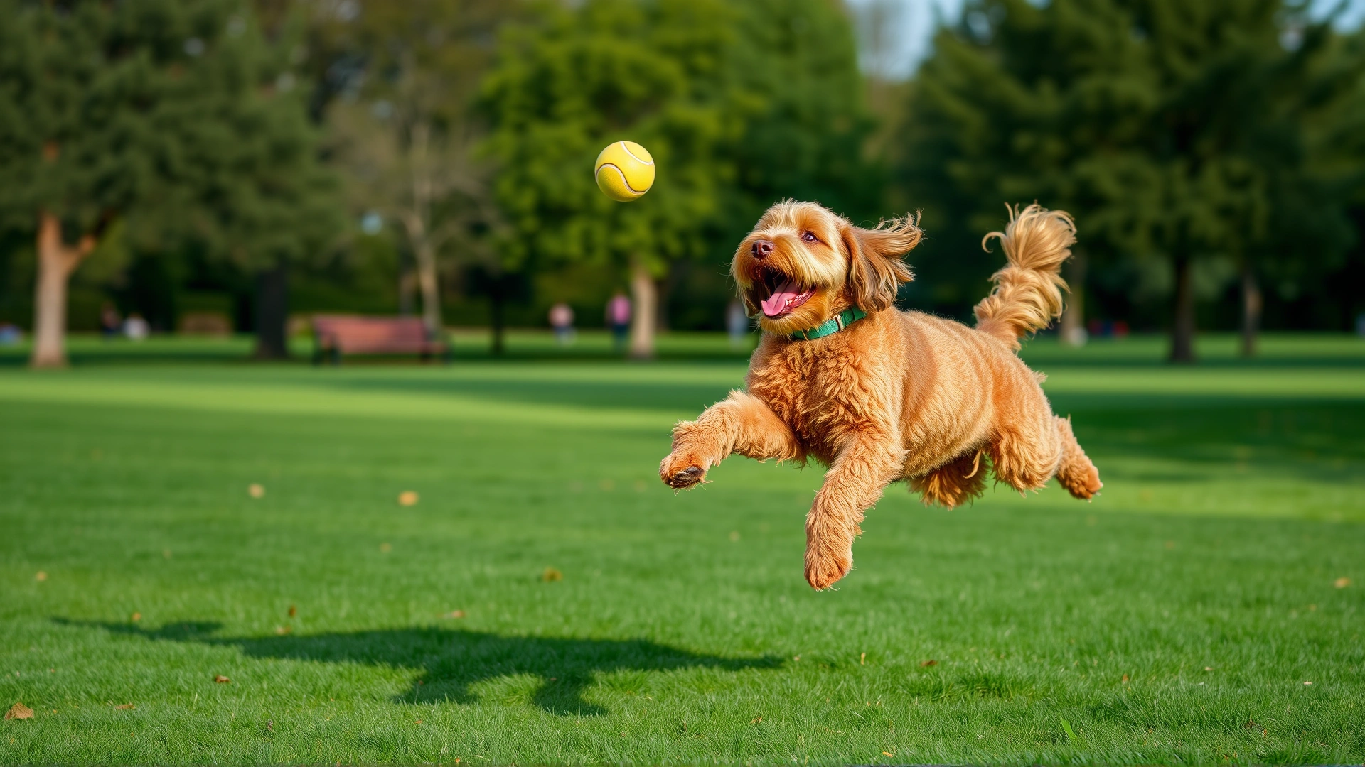 An energetic Irish Doodle leaping in mid-air to catch a tennis ball at a green park.