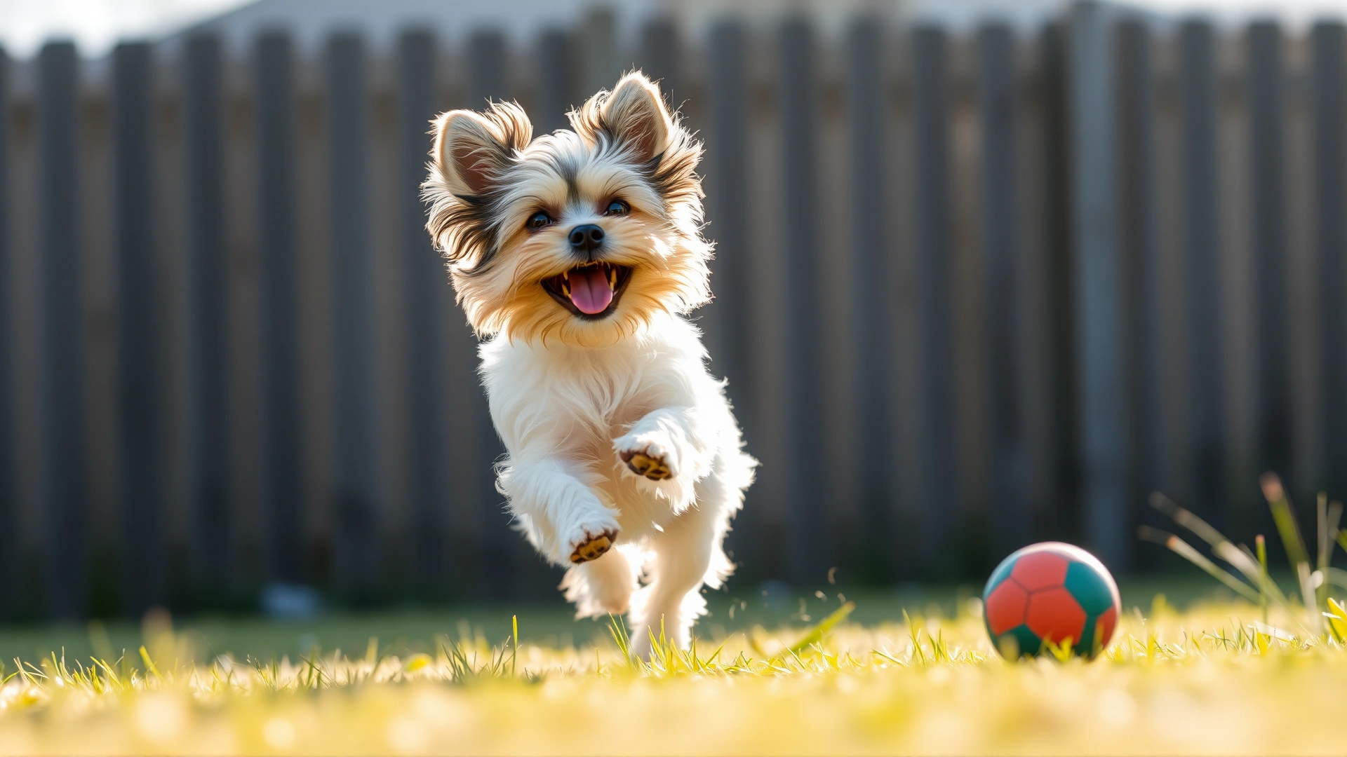 Morkie running happily in a fenced backyard chasing a small ball, motion blur, bright afternoon light
