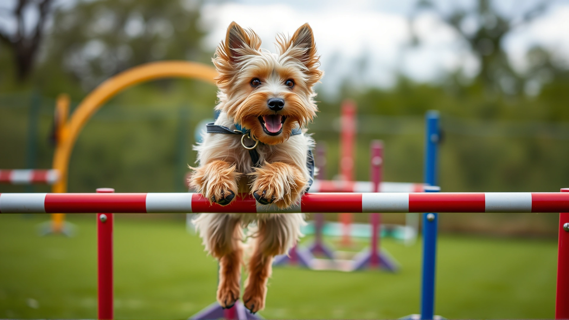 Action shot of a Silky Terrier running through a vibrant agility course outdoors, mid-jump over a hurdle.